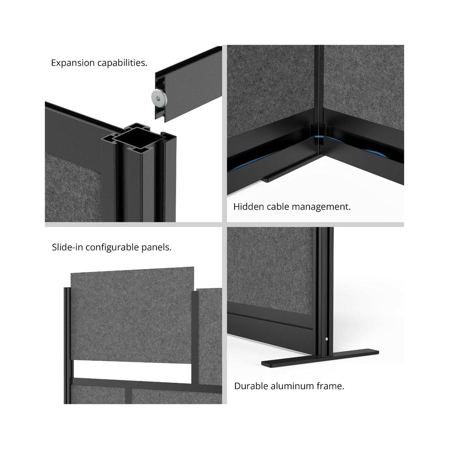 LUXOR MW-7048-FCGB Modular Wall Room Divider System - Black Frame - 70" x 48" Starter Wall