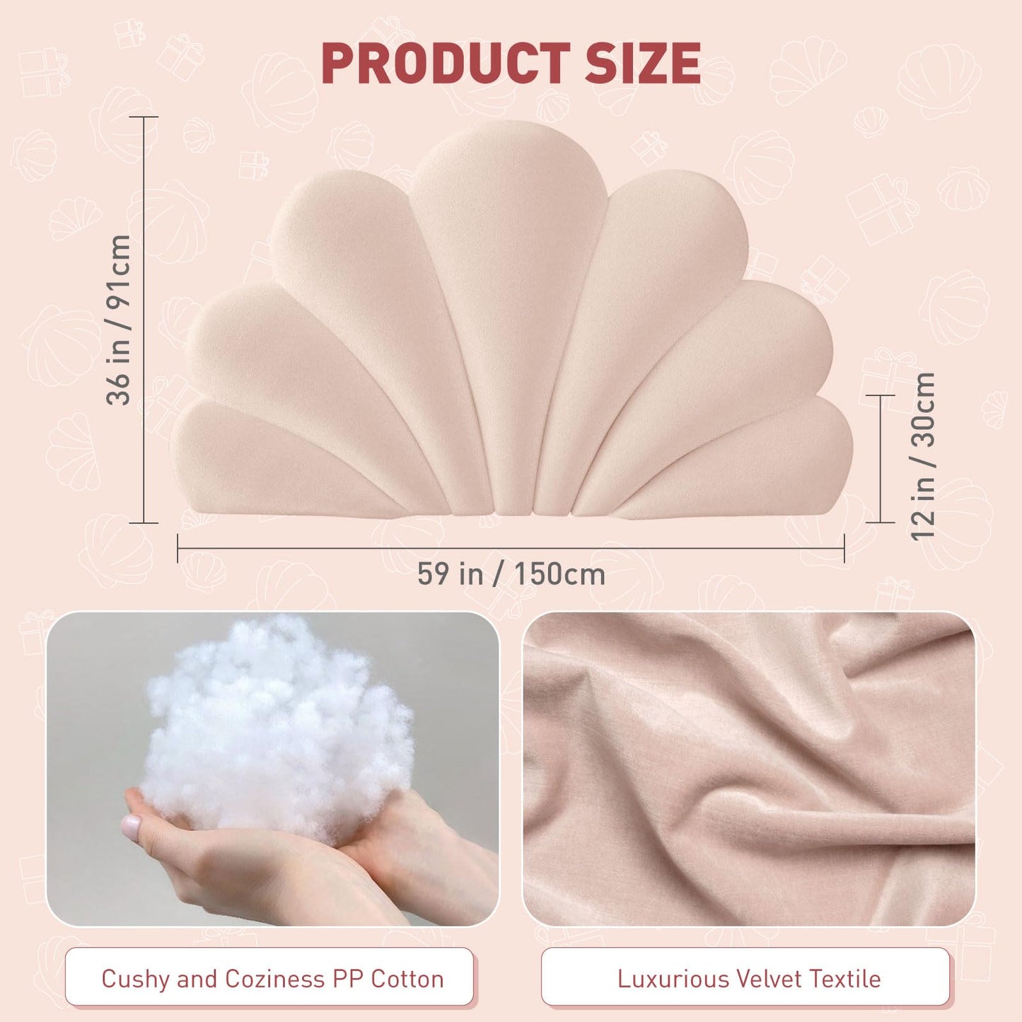 Rucener Queen Size Seashell Headboard Cushion, Soft PP Cotton Filled Upholstered Shell Headboard Pillow, Aesthetic Scalloped Wall Panel Free Standing, Coastal Decor for Teen Grils Bedroom (Pink)