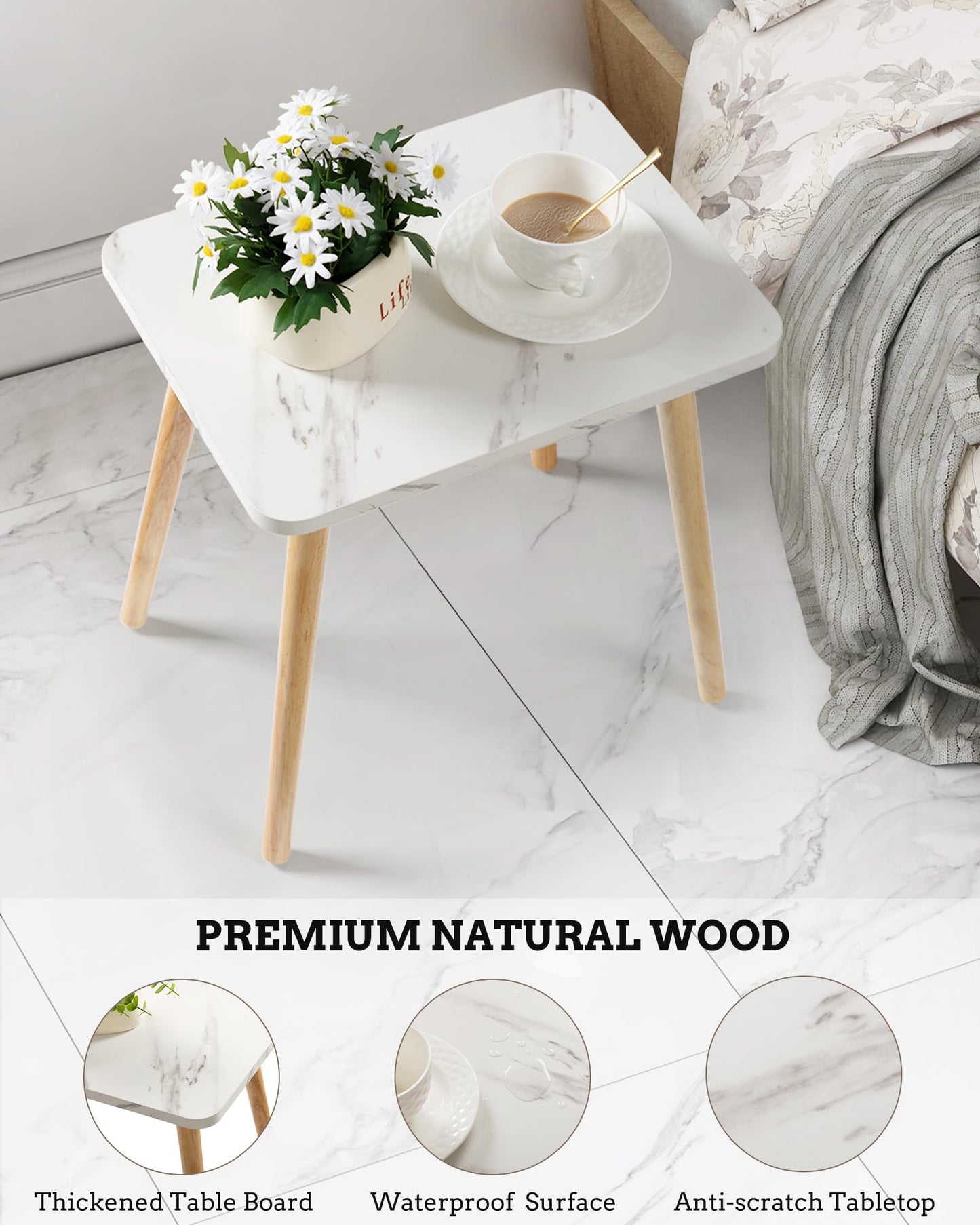 FORAOFUR Small Side Table, Set of 2 Modern Mini Coffee Table with Natural Wood Legs, Quick Assembly End Furniture for Bedroom Living Sofa, Minimalist Design for Nursery and Compact Homes, Marble