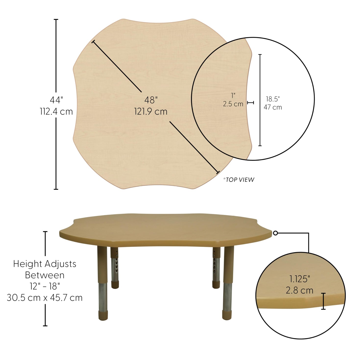 FDP Clover Toddler Activity School Table (48 inch), Neutral Sand Tiny Tot Legs, Adjustable Height 12-18 inches - Maple Top and Maple Edge