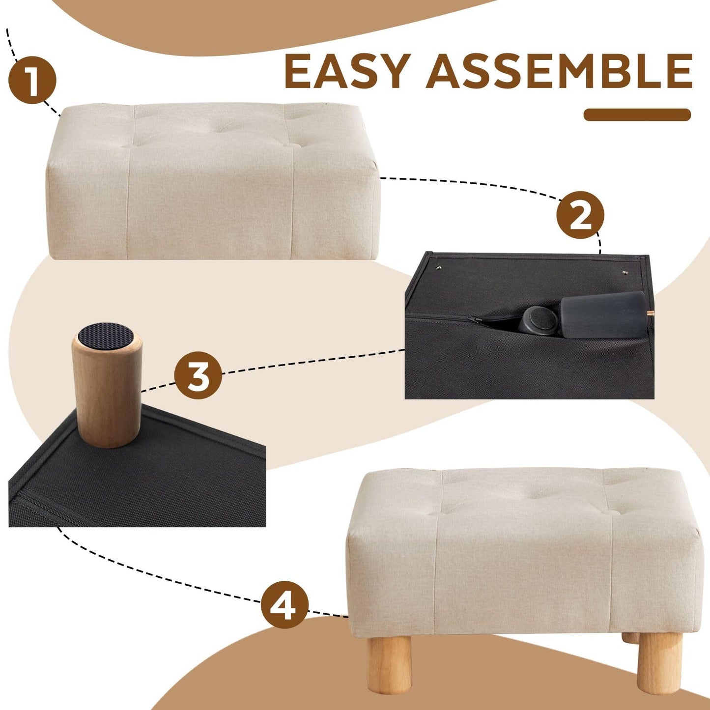 FIMIVIBI Small Foot Stool Ottoman, Linen Footstool Ottoman Foot Rest for Couch, Rectangle Footstools and Ottomans Small for Living Room, Entryway and Bedroom (Beige)