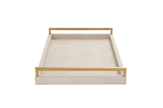 WV Ivory Shagreen Leather Serving Tray with Gold Handles-17.7x11.8 Inch Large Wooden Decorative Ottoman Tray fro Coffee Table, Kitchen, Dining, and Home Decor (Ivory)