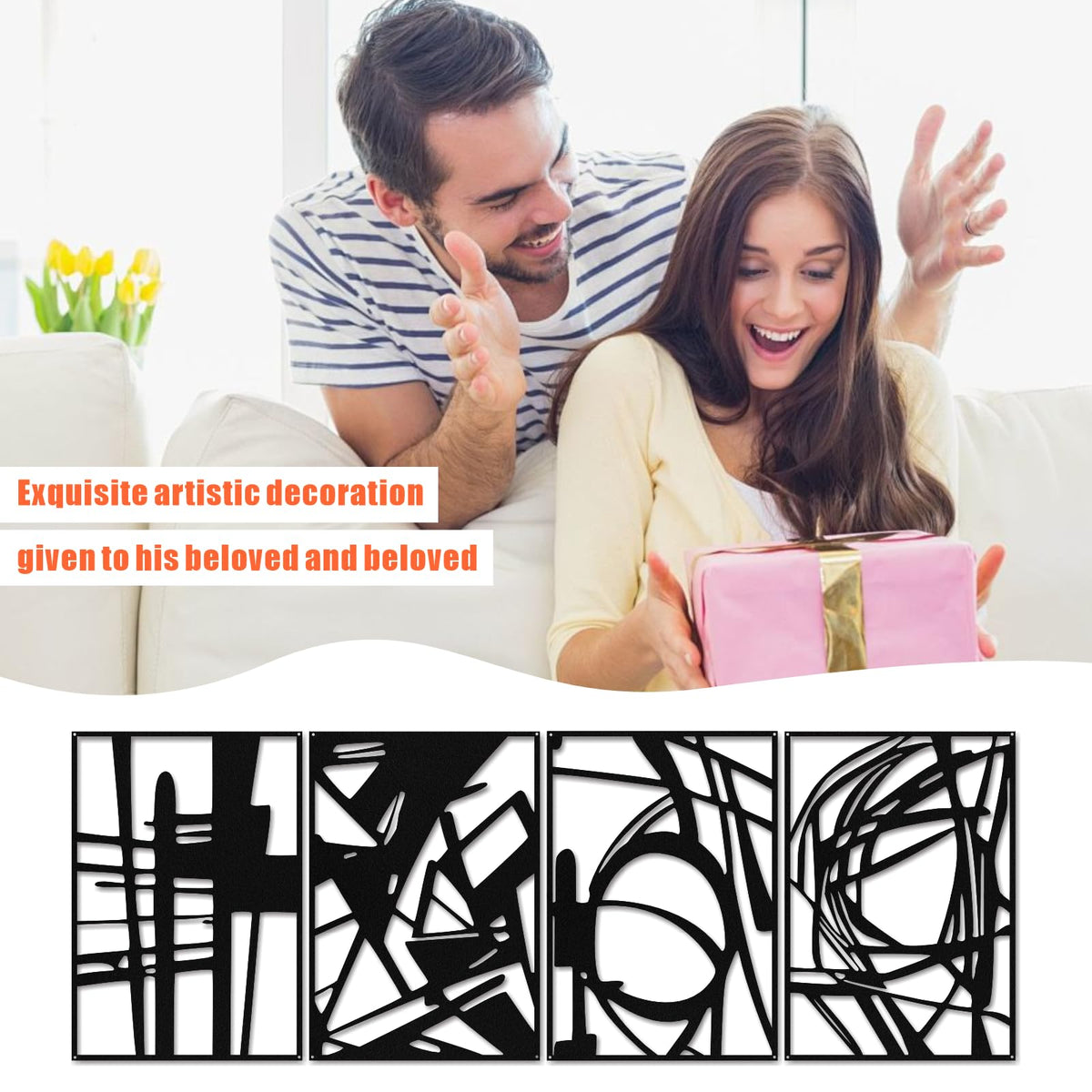 Quanqiuyi 4 Pack Black Abstract Metal Wall Art, 16'' x 11'' Minimalist Single Line Art, 3D Textured Wall Sculptures for Living Room, Bedroom, Bathroom, Study Room Decor