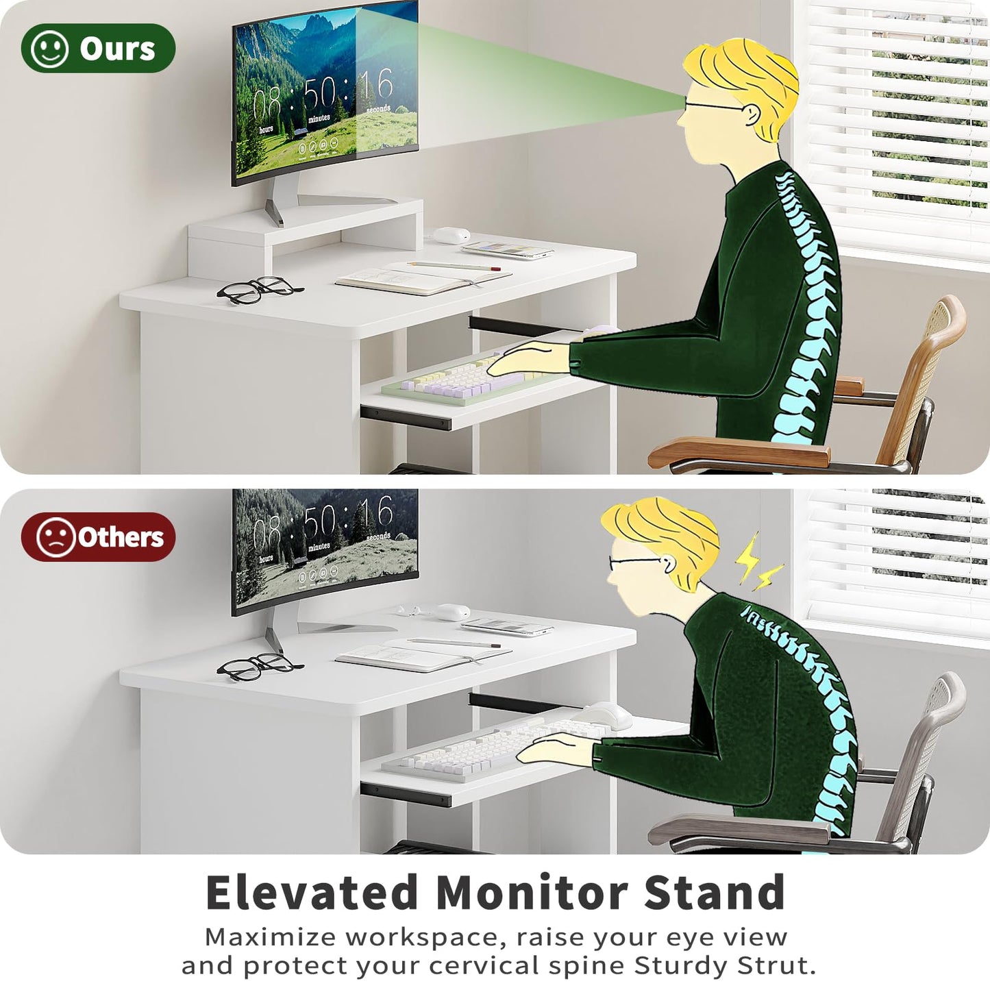 ALISENED Computer Desk, 30 Inch Compact Desk with Keyboard Tray & Monitor Stand for Space-Saving, Ergonomic Study Desk with Storage Shelves for Writing, Gaming, Working, White