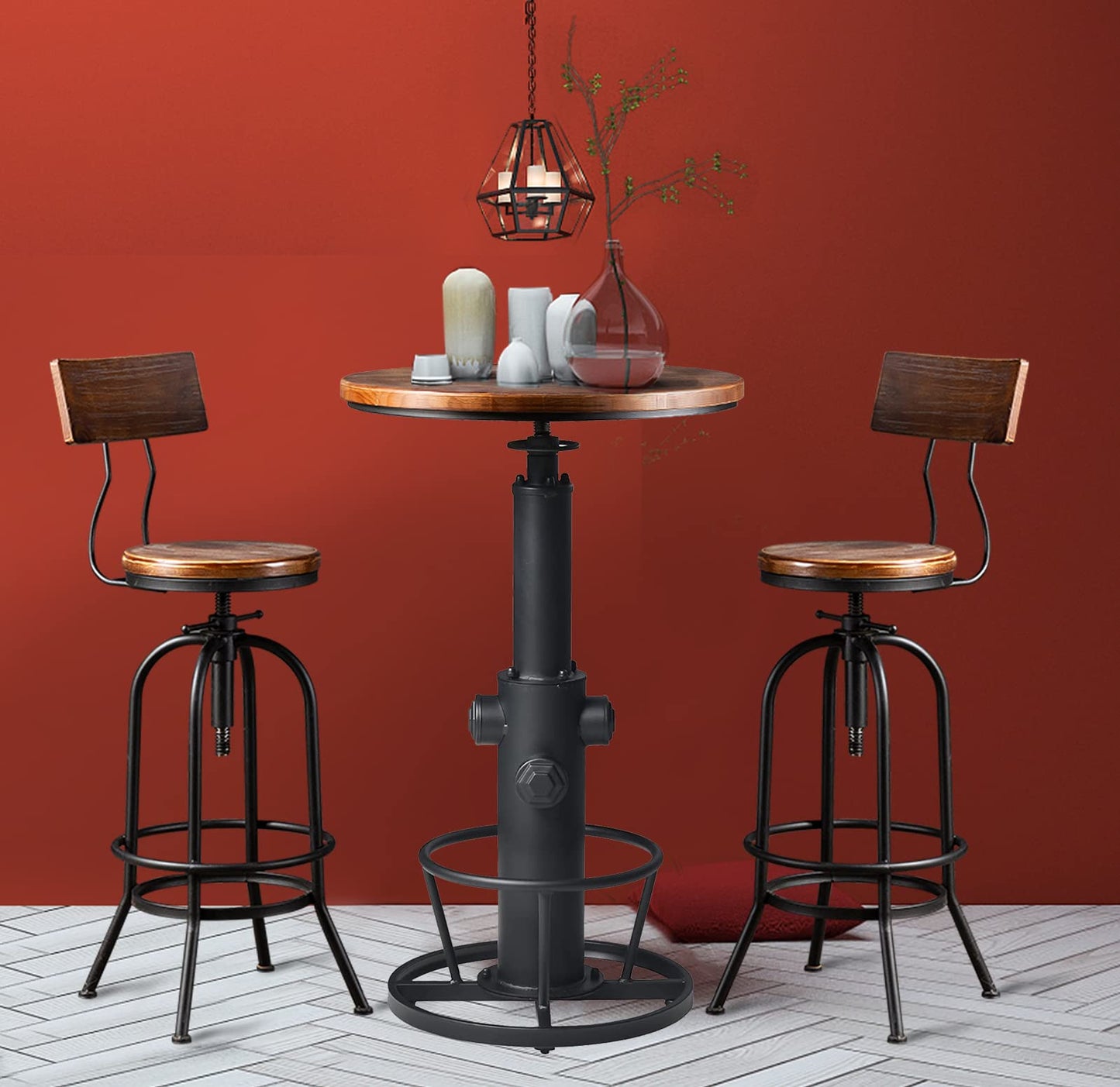 LOKKHAN Industrial Bar Table 38.6"-48.4" Height Adjustable Swivel Round Wood Tabletop 23.7" Dia, Kitchen Dining Office Coffee Bistro Pub Table
