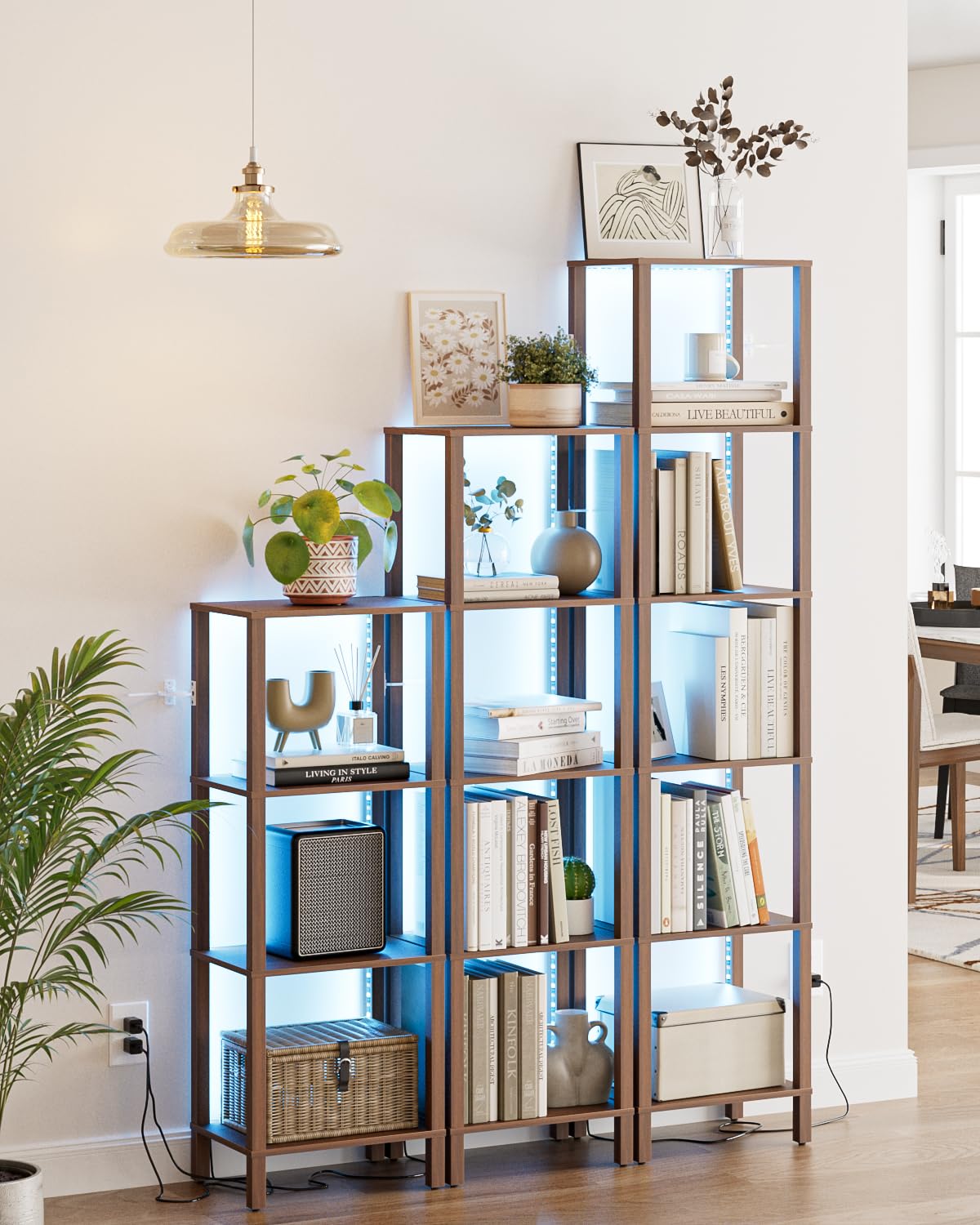Apetaccat Open Book Shelf with LED Lights, 5 Tier Tall Bookshelf, Freestanding Shelf Narrow Bookcase with Open Shelves, 14.96" x 10.63" x 53.54", Book Shelves for Living Room, Office, Study, Walnut