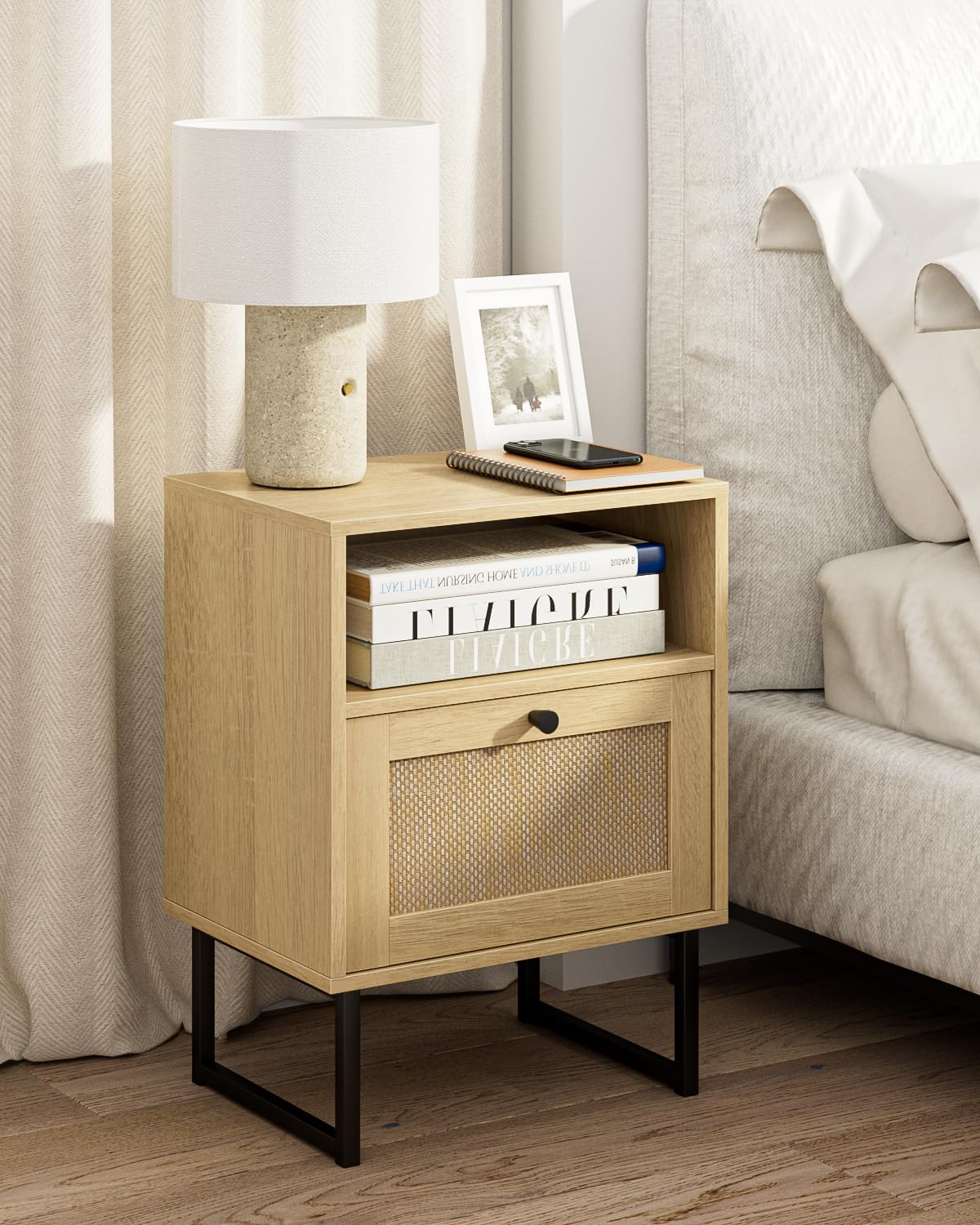 Masupu Rattan Nightstand,Modern Boho Farmhouse Wood Bedside Table with Storage Drawer and Open Shelf,Small Black Frame Side End Table for Bedroom,Living Room,Office (Natural)