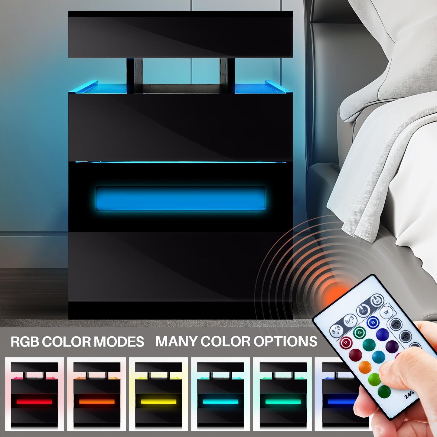 POVUD Night Stand with Gun Drawer, Modern Nightstand with Led Lights and Hidden Compartment, Charging Bedside Table Nightstand with USB C Port Storage Shelves for Bedroom Black