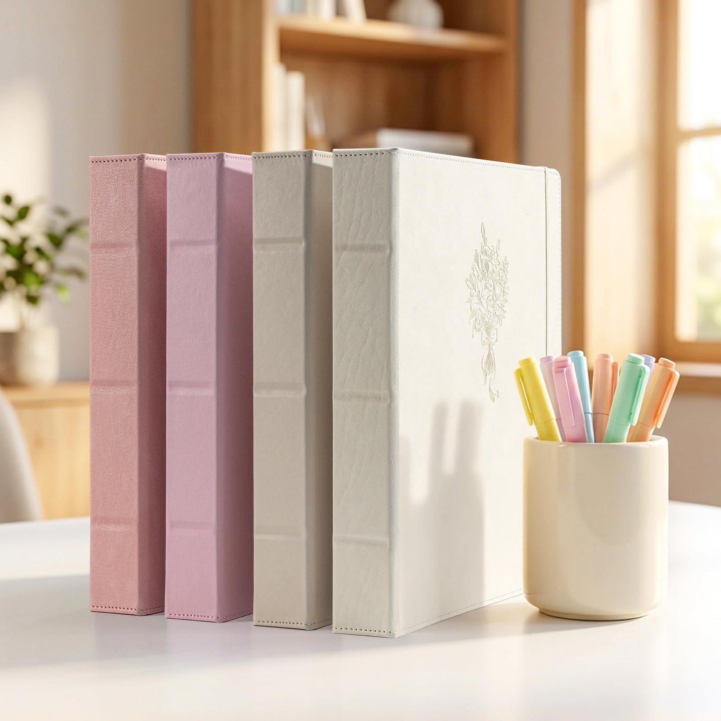 Ospelelf Leather 3 Ring Binder for Letter Size Documents with PVC Pocketed Dividers, Storage Bag & Notepad, 1 Inch Round Rings, Holds 175 Sheets, for Office School Home Organization, Flower Pink
