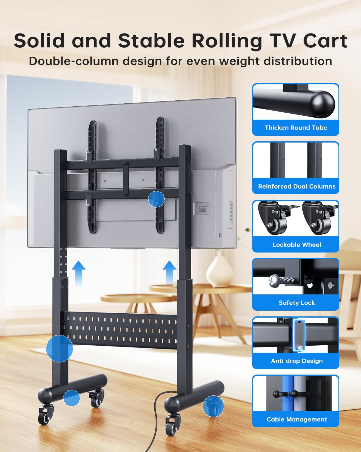 Afaloona Commercial Rolling TV Stand with Power Outlet, Mobile TV Cart with Lockable Wheels for 32-65 Inch TVs up to 176 lbs, Height Adjustable with Pegboard Storage, Max VESA 600x400mm