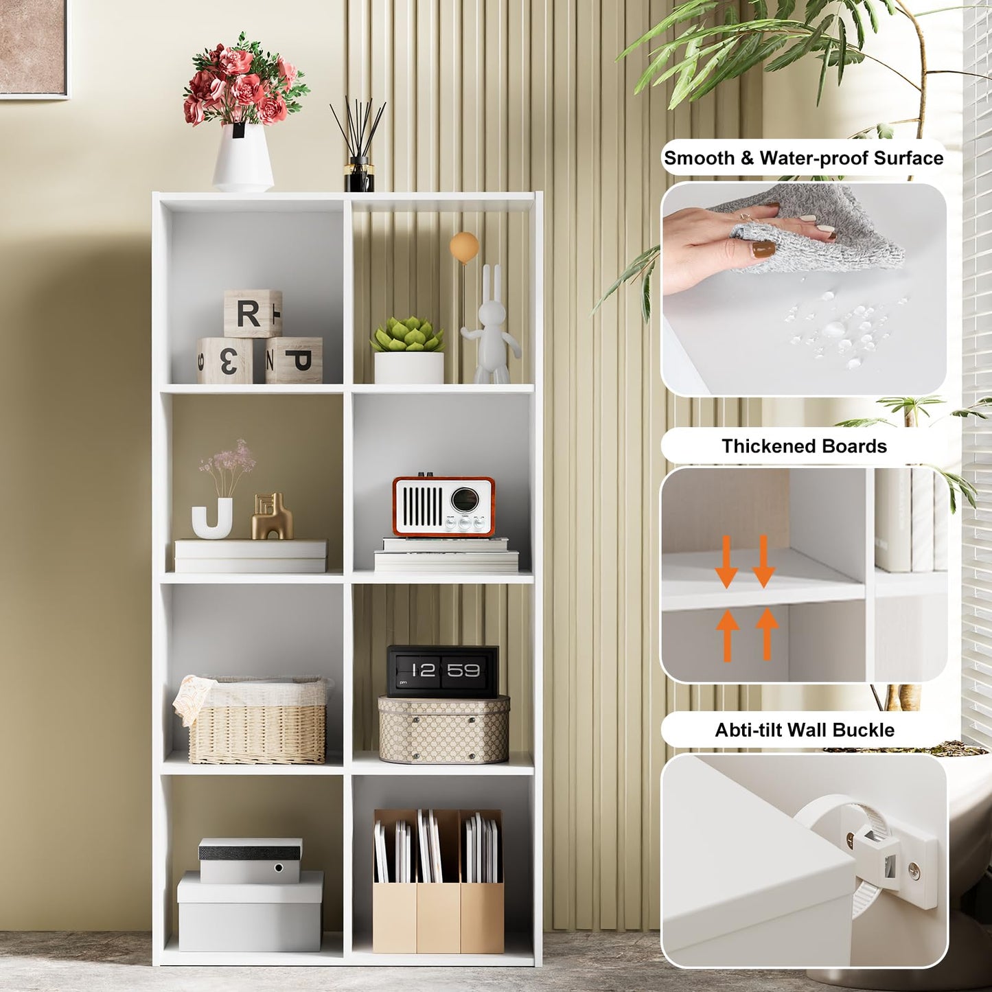 Sweetcrispy 8 Cube Storage Organizer - Open Cube Bookshelf with 4 Removable Back Panels, Display Storage Bookcase for Living Room, Bedroom, Entrance Hall, Home Office，47.7" Lx11.6 Wx24 H, White