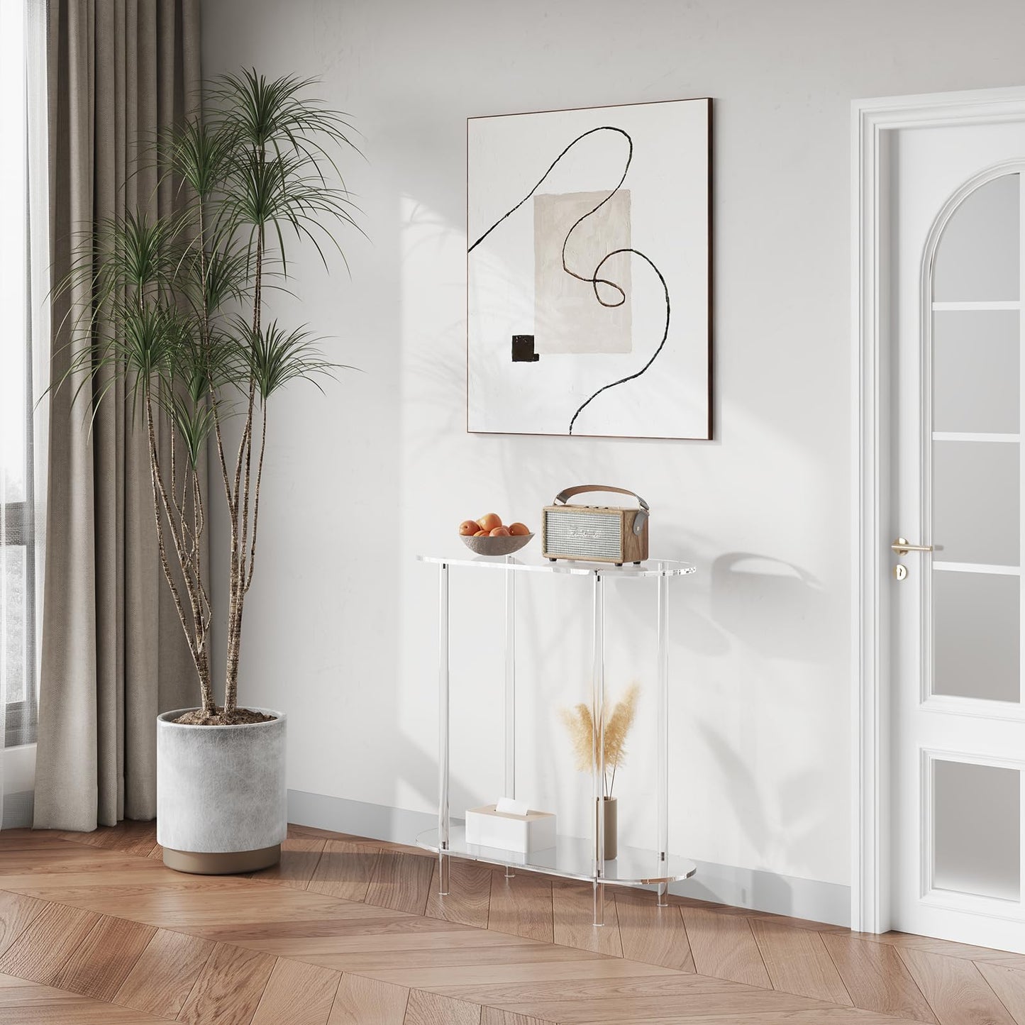 DOHWSK Acrylic Console Table, 2-Tier Oval Frame Sofa Table, 29.53" Small Modern Entryway Table for Living Room, Hallway, Office, Foyer, Easy Assembly (Clear)