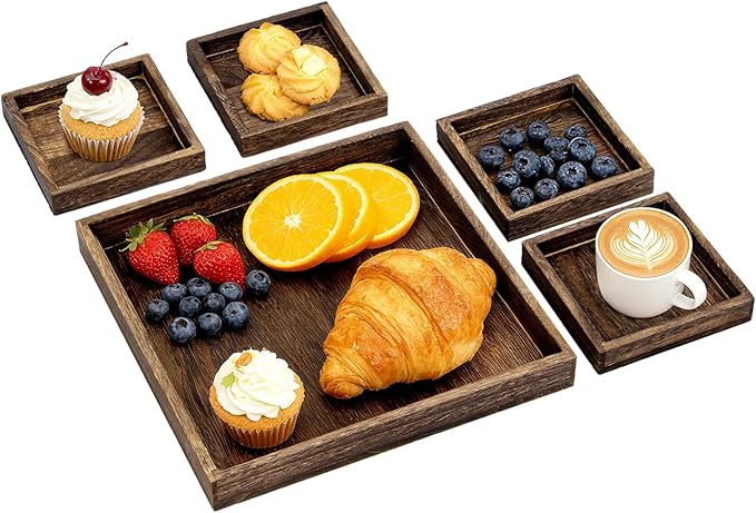 5-Piece Rustic Wooden Serving Tray Set, Handcrafted Nesting Trays