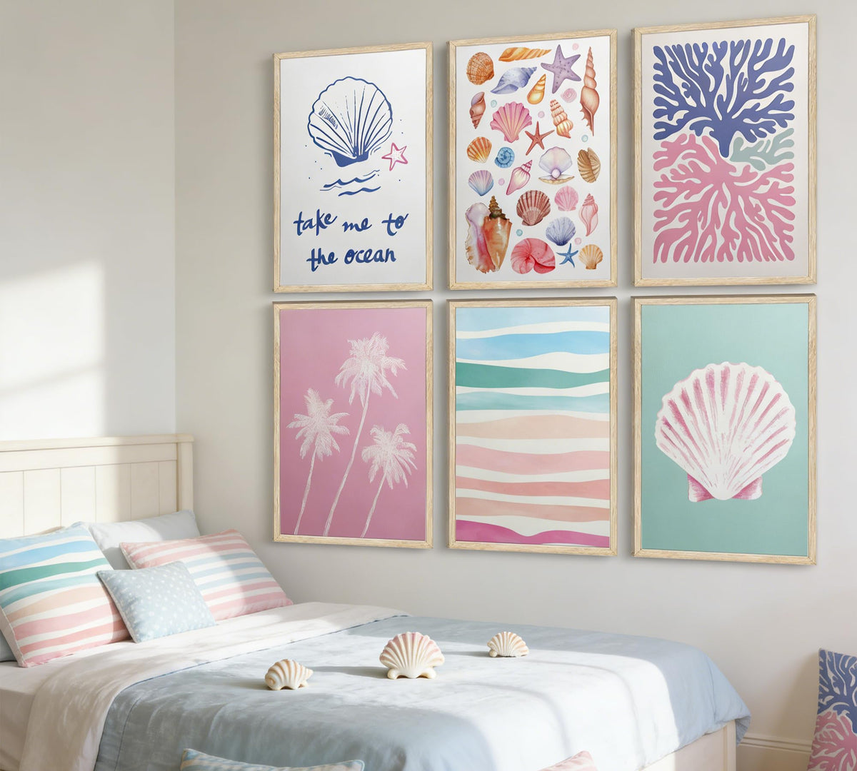 Pink and Blue Coastal Wall Art, 6 Pcs Preppy Beach Wall Decor, Unframed Canvas Posters for Bathroom Bedroom, Seashell Coral Palm Tree Ocean Prints, Neutral Boho Beach House Decor 12x16in Unframed