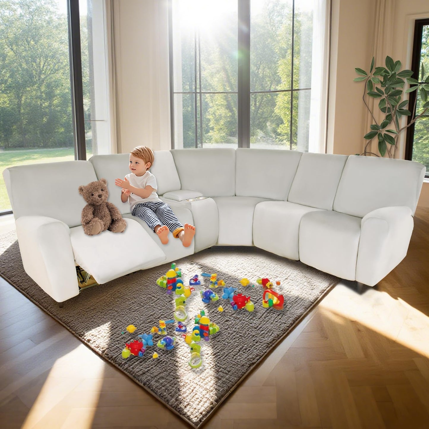 HDCAXKJ Reclining Sectional Couch Covers Velvet L Shaped Sectional Sofa Cover Washable Stretch Soft Corner Recliner Slipcover with Non-Slip Elastic Bottom (5 Seat and 2 Middle Console, Cream)