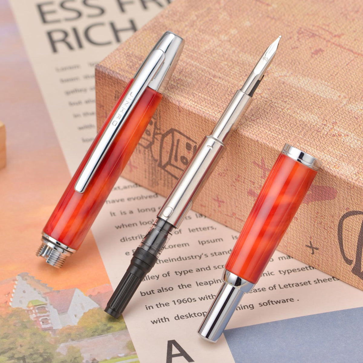 Jinhao 10 Press Fountain Pen with Box, Volcanic Red Retractable Extra Fine Nib with Ink Converter Set (Silver Clip)