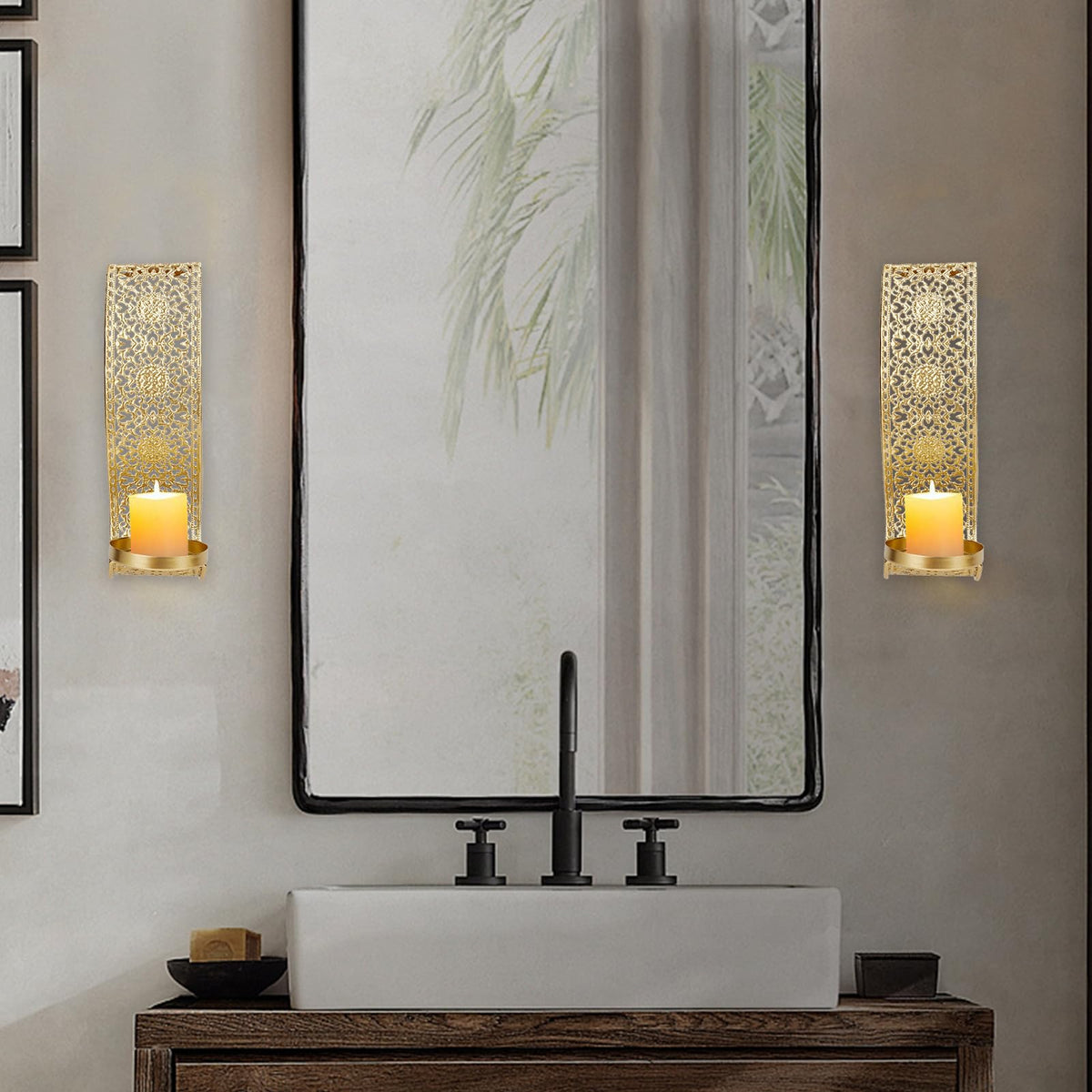 NICENEEDED Wall Candle Sconce Set of 2, Metal Wall Mounted Candle Holder for Home, Gold Sconces Wall Art Decorations for Living Room Bathroom Dining Room