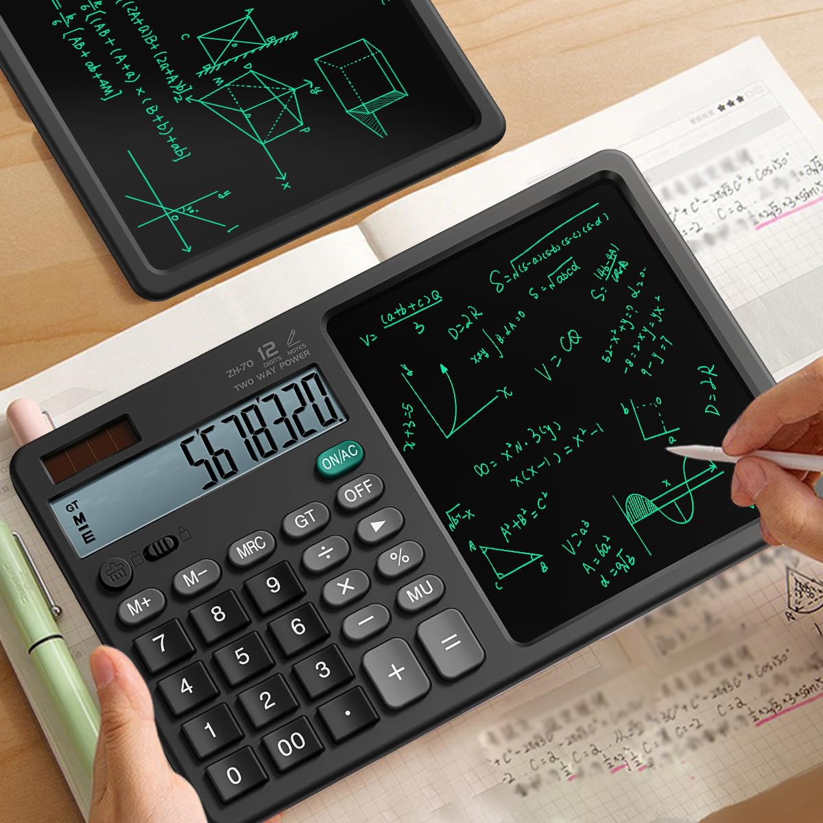 Desk Calculator with Erasable Writing Pad, 12-Digit Wide Screen Display, 100,000+ Reusable LCD Notepad, One-Click Clear & Lock Function, Solar and Battery Dual Power for Office,School,Business (Black)