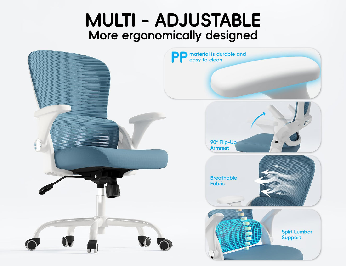 TRALT Office Chair - Ergonomic Office Chair with Back Support, Home Office Desk Chairs, 330lbs Wide Seat Big and Tall Office Chairs, Comfy Desk Chair for Work, Study, Office, Gaming (Blue)