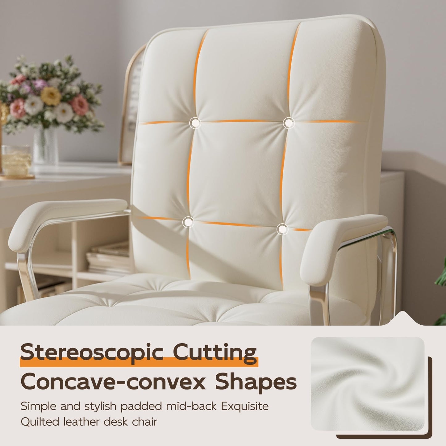 HomeZeer White Office Chair, Mid Back Leather Desk Chair with Wheels and Padded Arms, Swivel Vanity Chair for Bedroom, Computer Chair for Study and Work