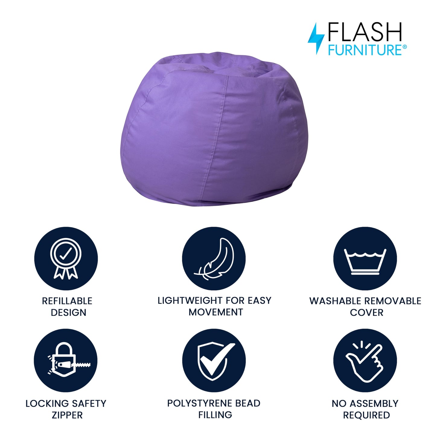 Flash Furniture Dillon Small Bean Bag Chair for Kids and Teens, Foam-Filled Beanbag Chair with Machine Washable Cover, Purple