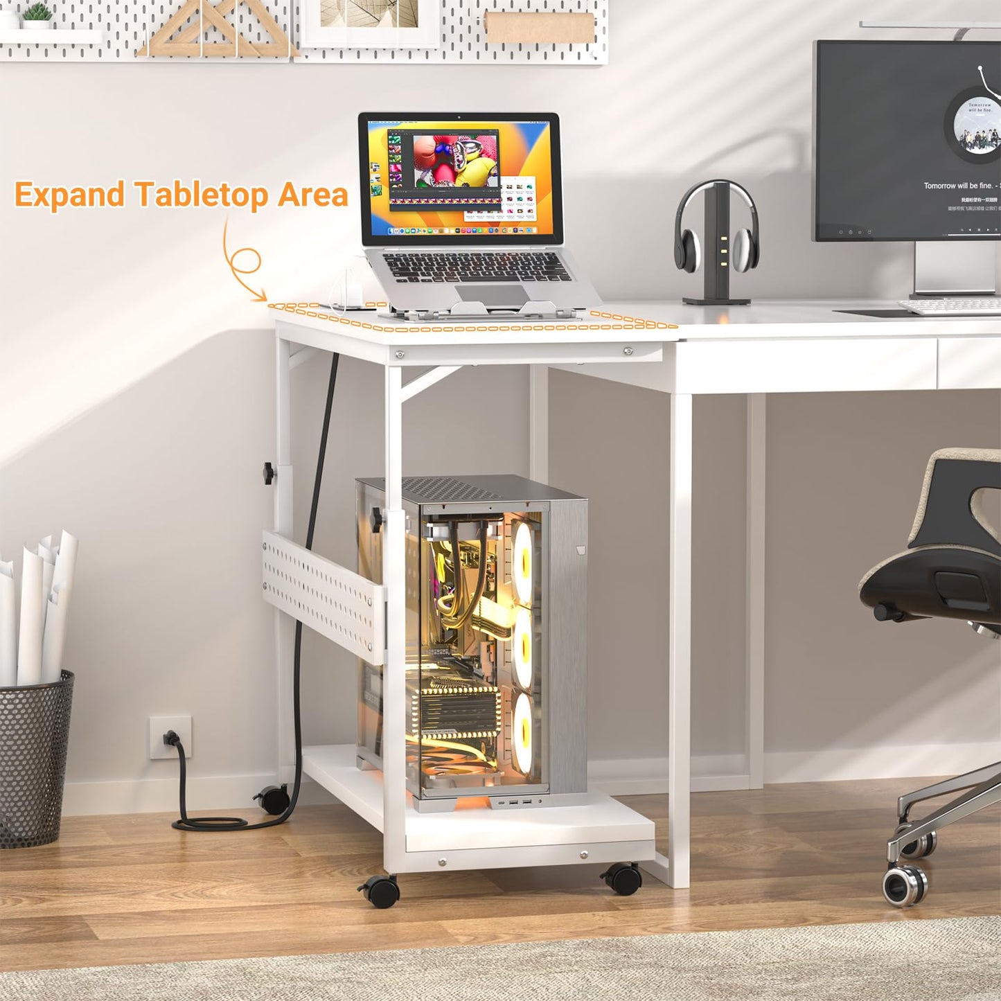 Besiost 32" Large Computer Tower Stand with Power Strips, 4 Levels Manual Height Adjustable PC Tower Stand for Under Desk, Mobile Rolling CPU Holder Computer Cart with Wheels, Carbon Fiber White