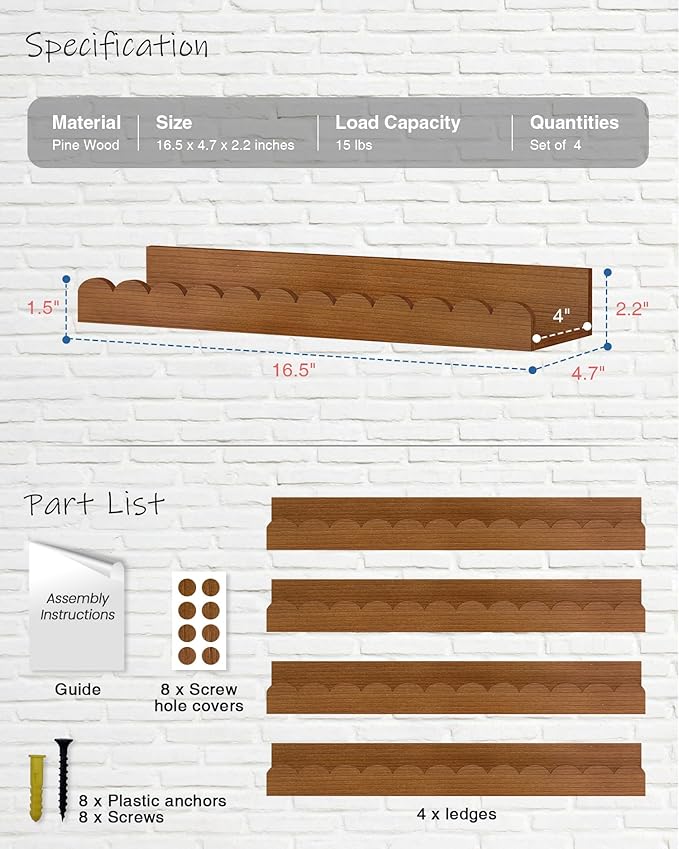 Harwaya Walnut Nursery Book Shelves Wall Set of 4, Dark Wood Scalloped Floating