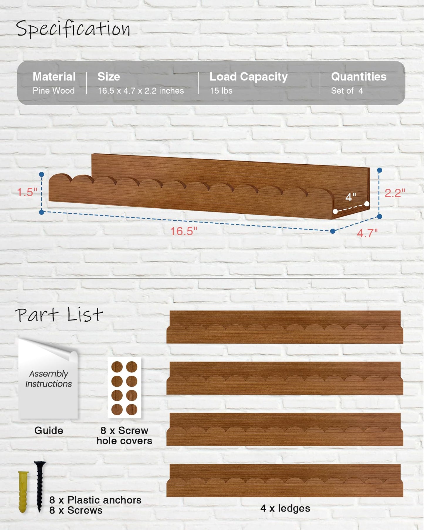 Harwaya Walnut Nursery Book Shelves Wall Set of 4, Dark Wood Scalloped Floating Bookshelf for Wall, Cloud Wooden Hanging Shelving Unit for Kids Bedroom Baby Child Toddler Room Kitchen (Walnut Brown)