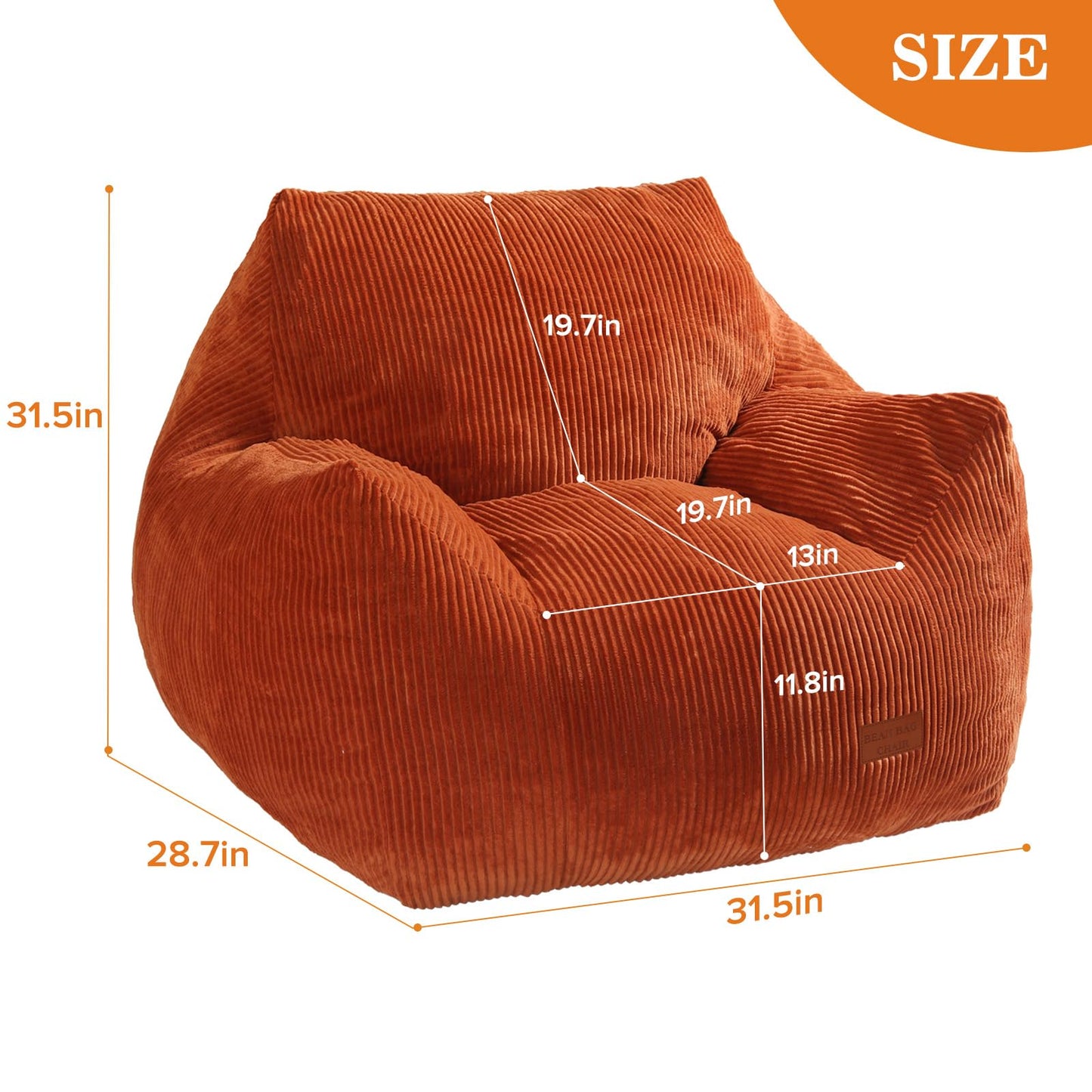 Vellorise Big Bean Bag Chair for Adults, Ultra Soft Living Room Bean Bag with Armrests, Stuffed BeanBag Chair for Napping, Gaming, Vacuum-Compressed for Easy Gifting, 48 Hours to Fluffs Up, Orange