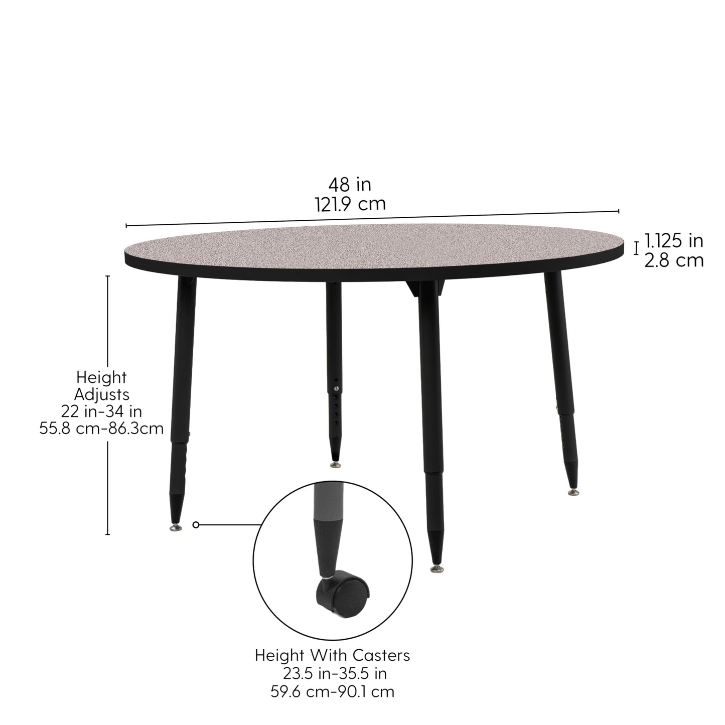 Adapte Commercial Classroom Activity Table - 48" Round, ADA Compliant Tapered Legs with Glides & Casters, Adjustable Height 22-34" Wheelchair Accessible, School & Office Furniture