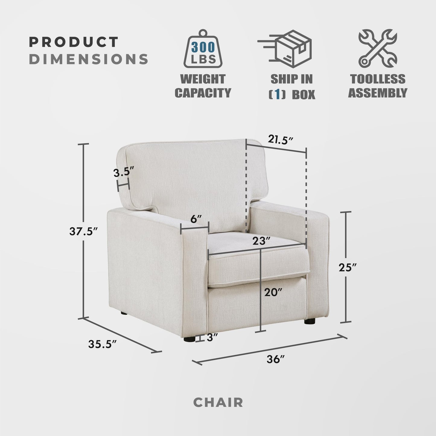 Lexicon Modern Accent Chair, Chenille Upholstered Single Sofa Chair, Track Arm, Reversible Cushions, Removable Cushion Cover, Easy Assembly for Living Room/Office/Reading Spaces, Beige
