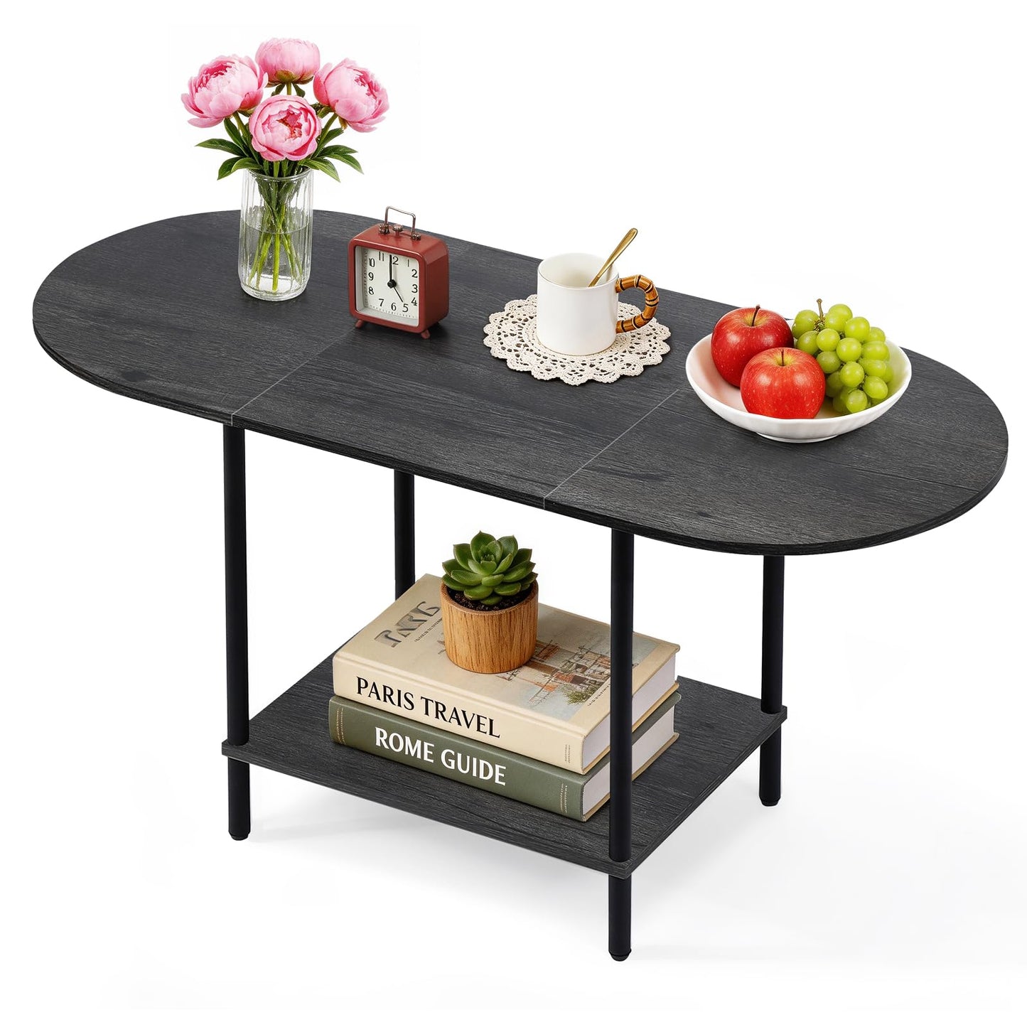 KANEODOT Small Coffee Table,35.4'' Oval Coffee Table with Storage Shelf & Metal Frame,Low Cocktail Tea Accent Table for Apartment,Modern Mid Century Small Living Room Table,Dark Gray