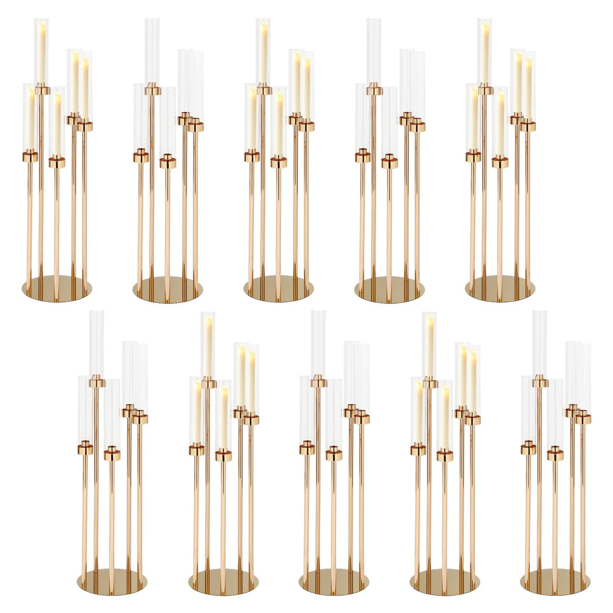 10PCS Gold Candelabra Centerpieces, 42.5in 5 Arm Gold Candle Holder with Acrylic Lampshade, Perfect for Wedding, Birthday, Holiday & Party Decor, Fits 0.9" LED Taper Candles