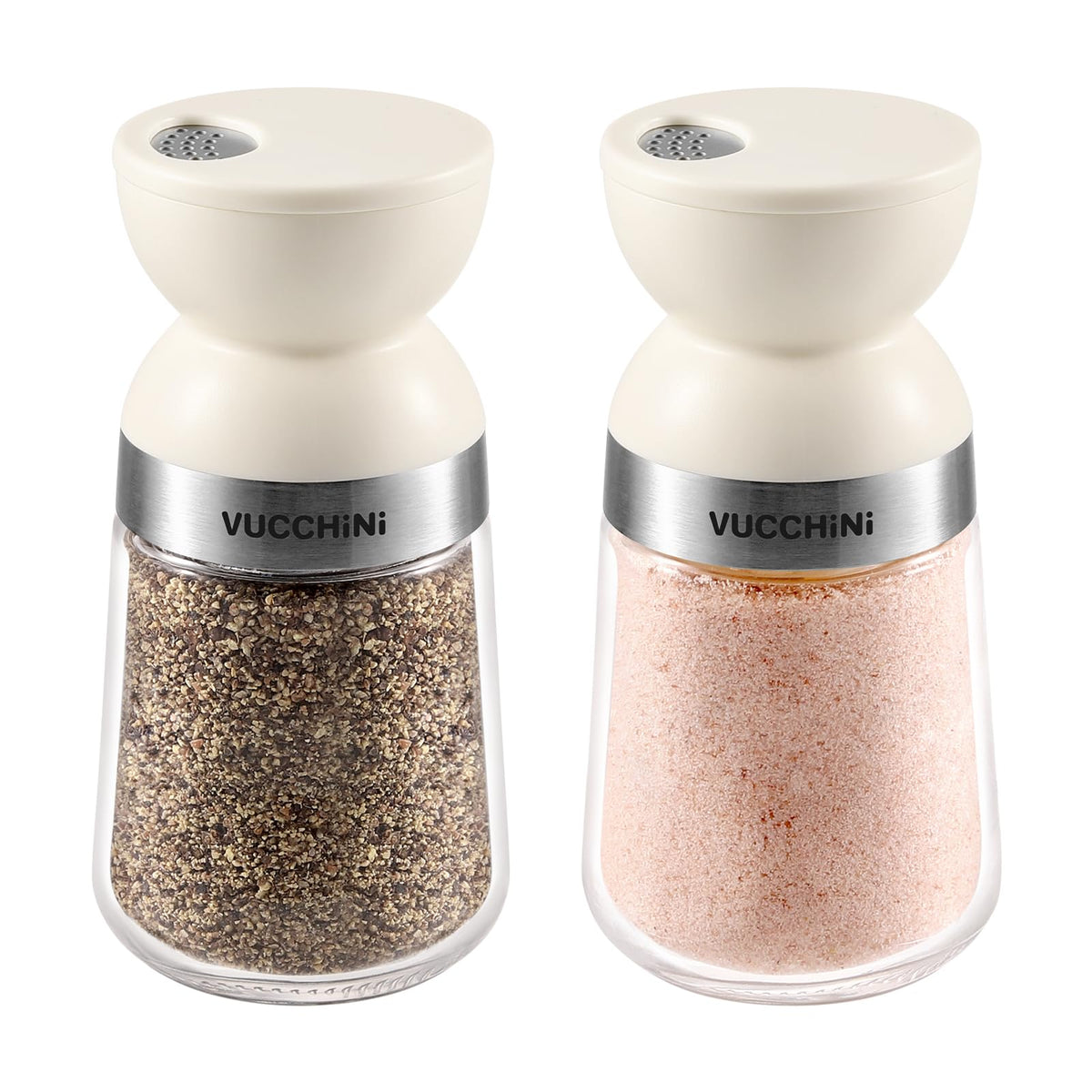 Vucchini Salt and Pepper Shaker Set 3 Adjustable Pour Holes, Dishwasher Safe, 5oz Large Capacity Spice Shaker for Kitchen & Camping (Cream)