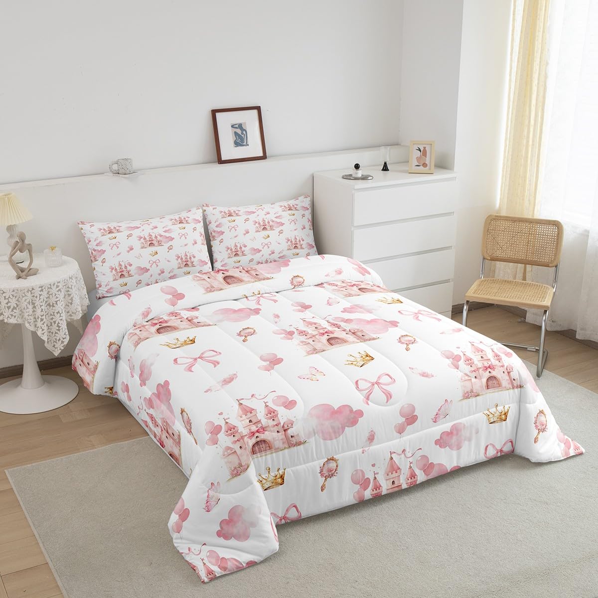 Feelyou Kids Pink Castle Duvet Insert Queen Size, Cute Bowknot Comforter Set Boys Girls Girls Dreamy House Bedding Set Fairytale Teens Bedroom Decor Bed Set 3Pcs