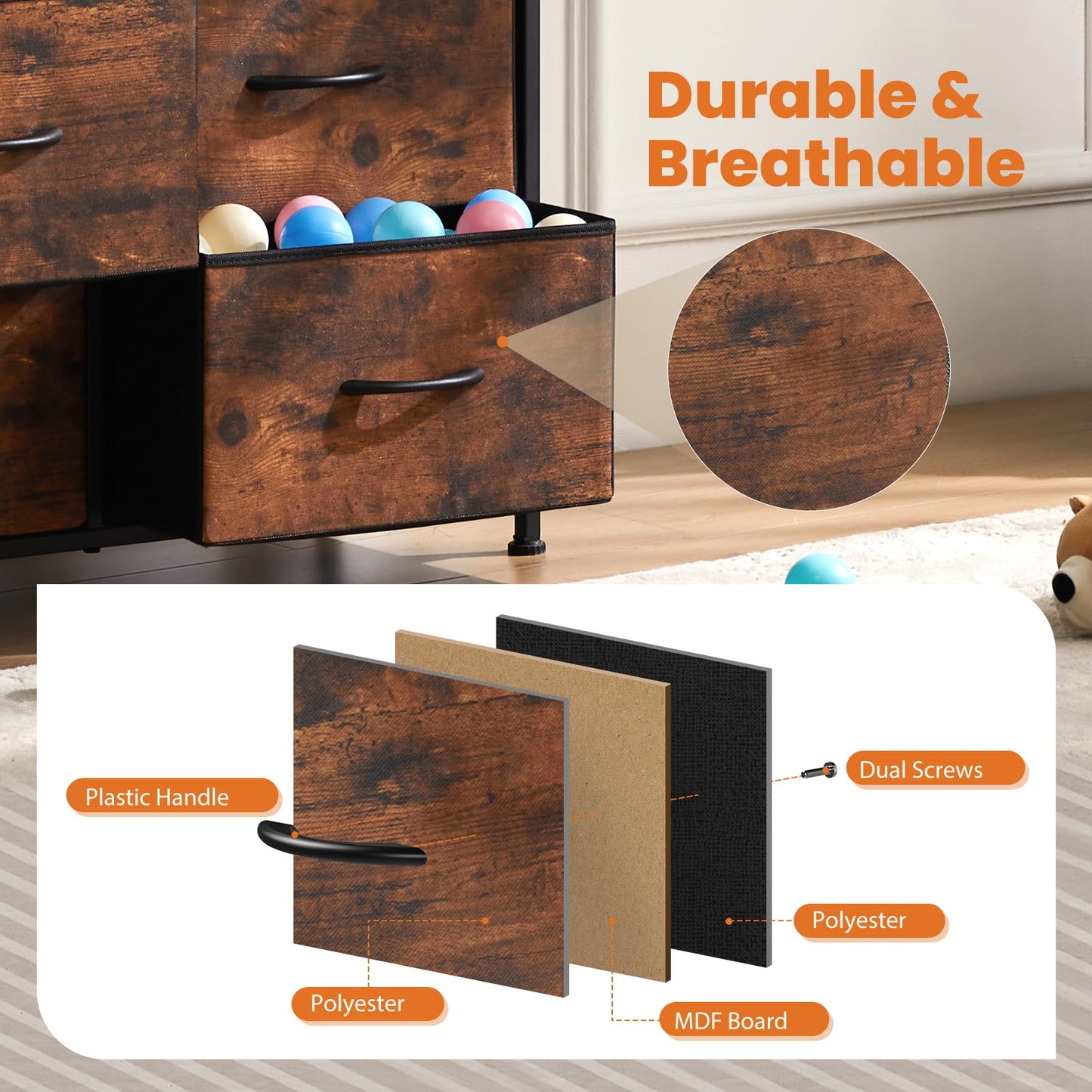 Sweetcrispy Dresser for Bedroom with 6 Storage Drawers, Fabric Storage Tower Organizer, Chest of Drawers with Metal Frame Wooden Top for Closet, Living Room, Entryway, Rust Brown