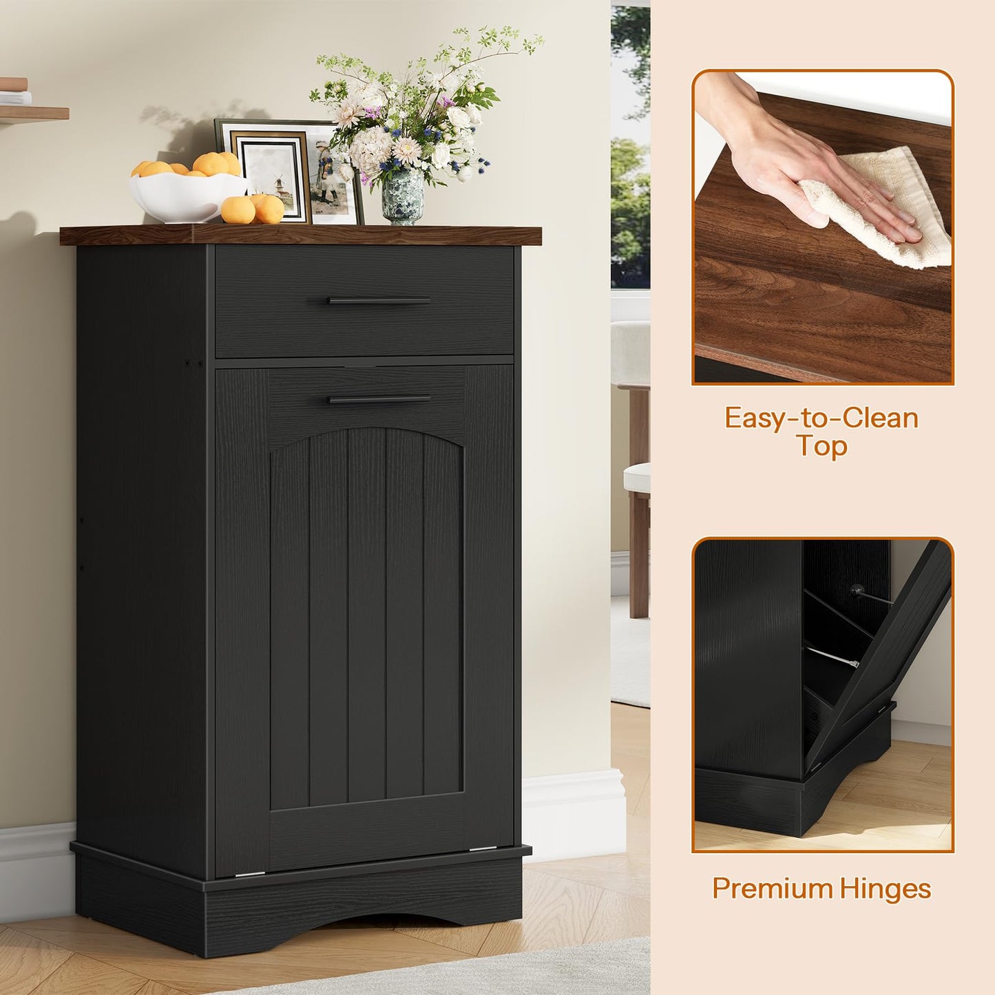 HOOBRO 10 Gallon Tilt Out Trash Cabinet, Kitchen Trash Can, Trash Bin Storage, with Flip Door and Large Drawer, Hidden Laundry Hamper Cabinet, for Kitchen, Laundry, Black and Walnut BH02LJ01