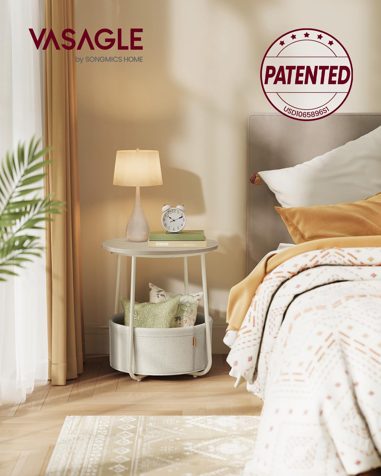 VASAGLE LILEA Collection - Small Round Side End Table, Modern Nightstand with Fabric Basket, Cream White ULET223K67