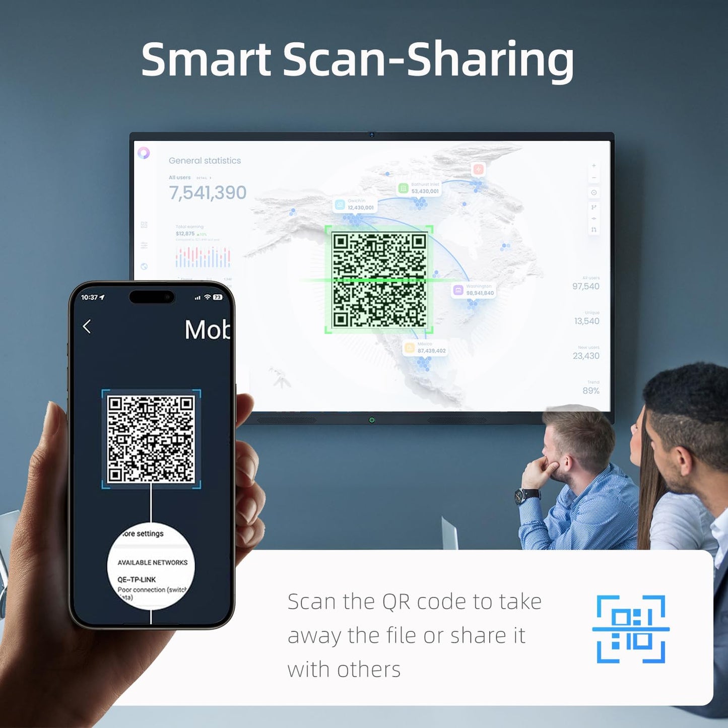 QIXZOCV 86" Smart Board, 4K Interactive Whiteboard, 20-Point Touch Screen, Android 14, 8GB & 128GB, Screen Sharing, Bluetooth/WiFi/HDMI, All-in-One Meeting & Education Solution (Wall Mount Included)