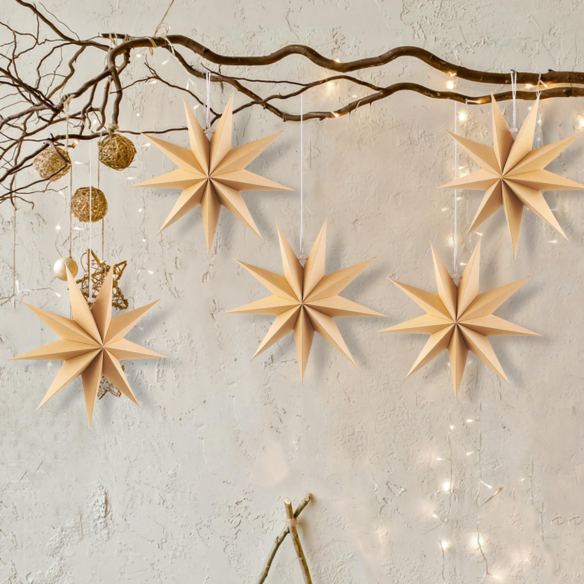 SUNBEAUTY 5 Pcs 9-Pointed Natural Paper Star Lanterns 12 Inch Christmas Hanging Lamp Rustic Paper Decorations Shade Wedding Birthday Christmas Home Party Decorations
