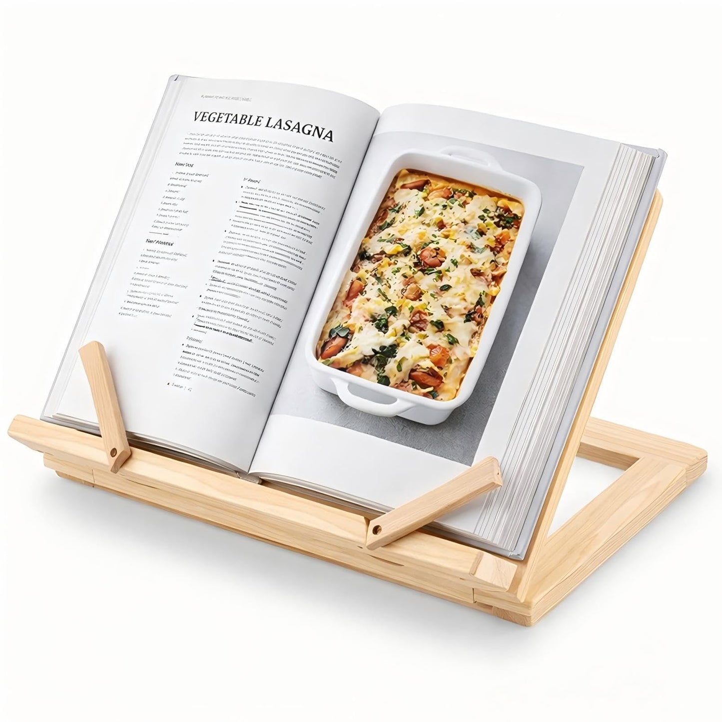 Gerrii Wooden Book Stand with Page Holder Clips Adjustable Foldable Reading Stand for Cookbooks Recipes Textbooks Bible Documents Tablet Solid Pine Wood Hands-Free Set Book Holder for Counter Desk