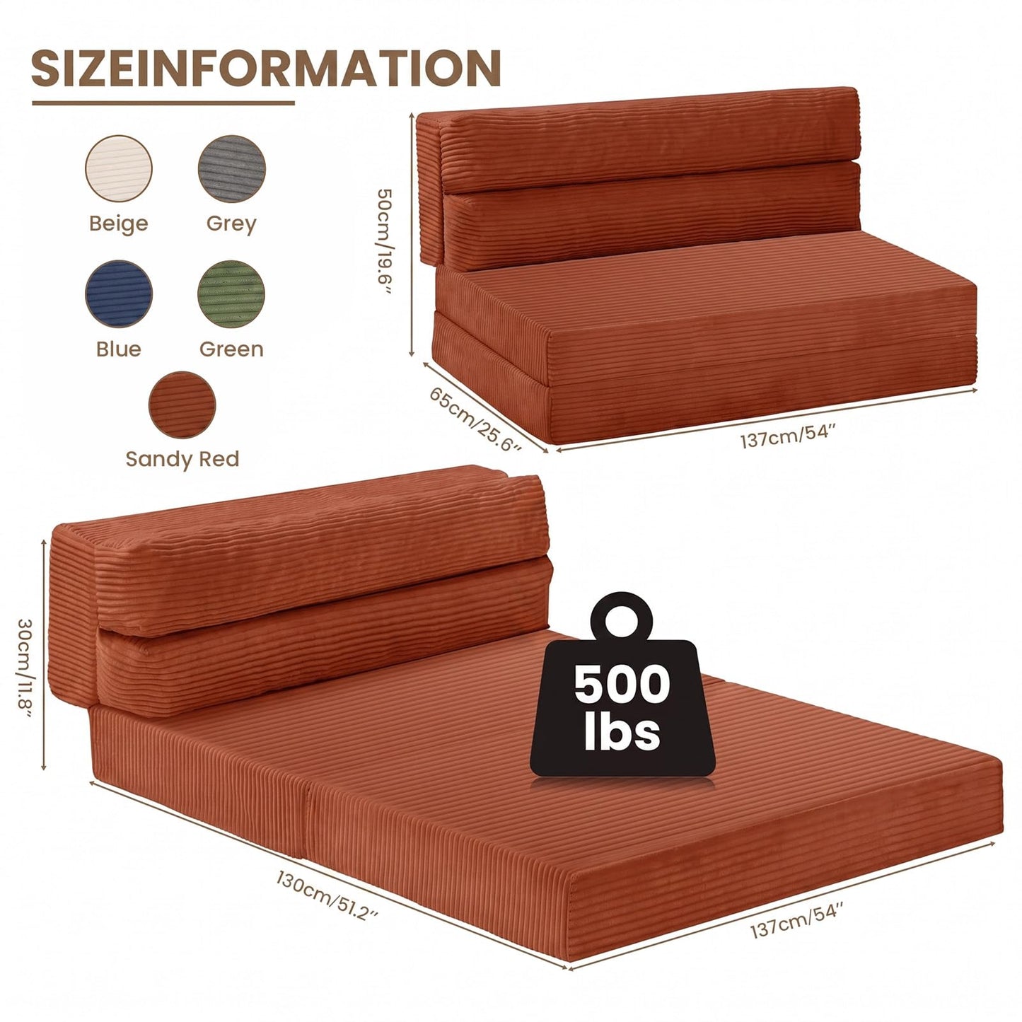 JUIKURY Folding Sofa Bed, Convertible Sleeper Chair with Pilow Foldable Matress, 2 in 1 Pull Out Loveseat Sofa Portable Fold Out Chair Bed Floor Couch Lounge for Living Room (Sand Red, Full)