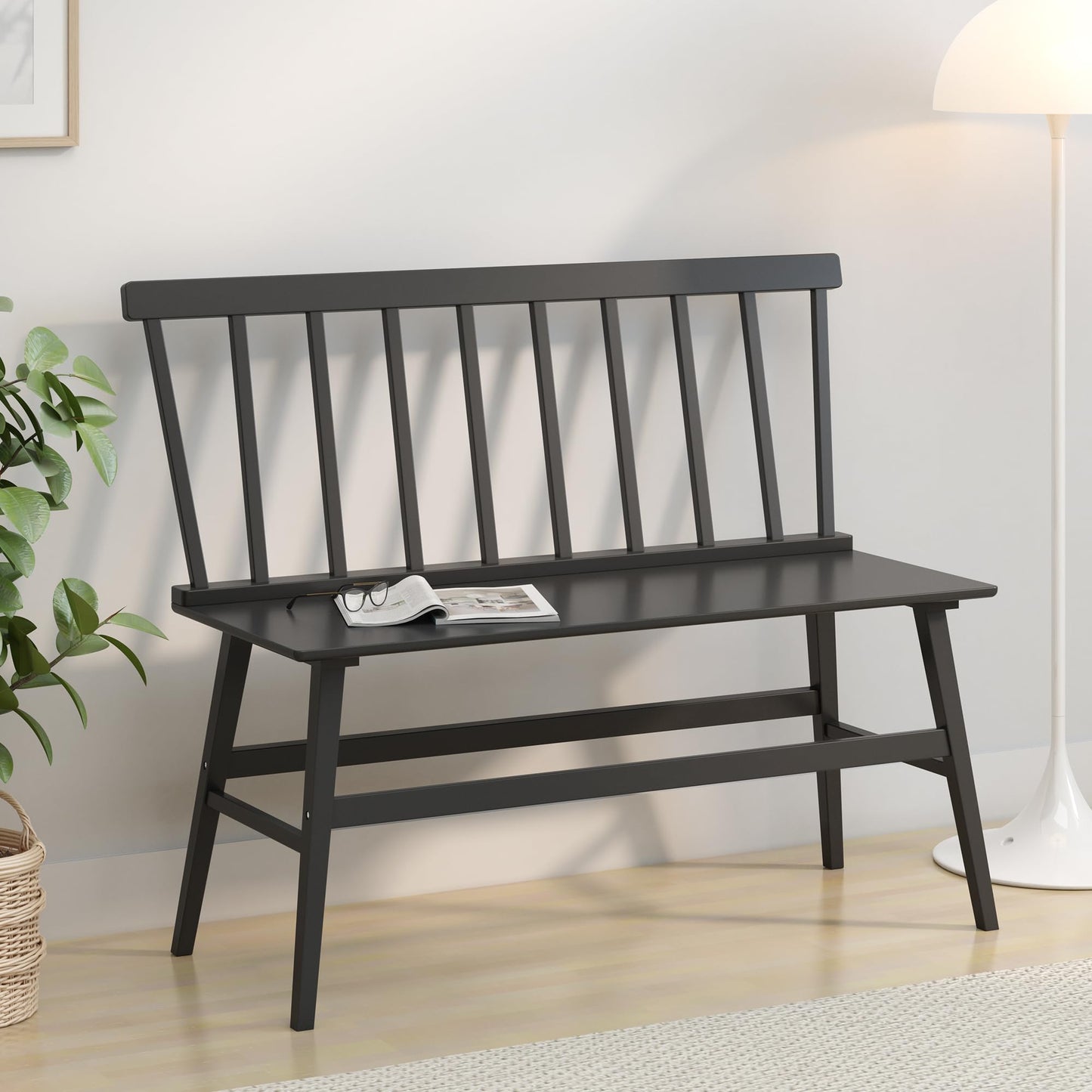 Wisuce Essentials Bamboo Dining Bench, Entryway Bench with Spindle Back Farmhouse Wood Windsor for Foyer Balcony Living Room (Black)