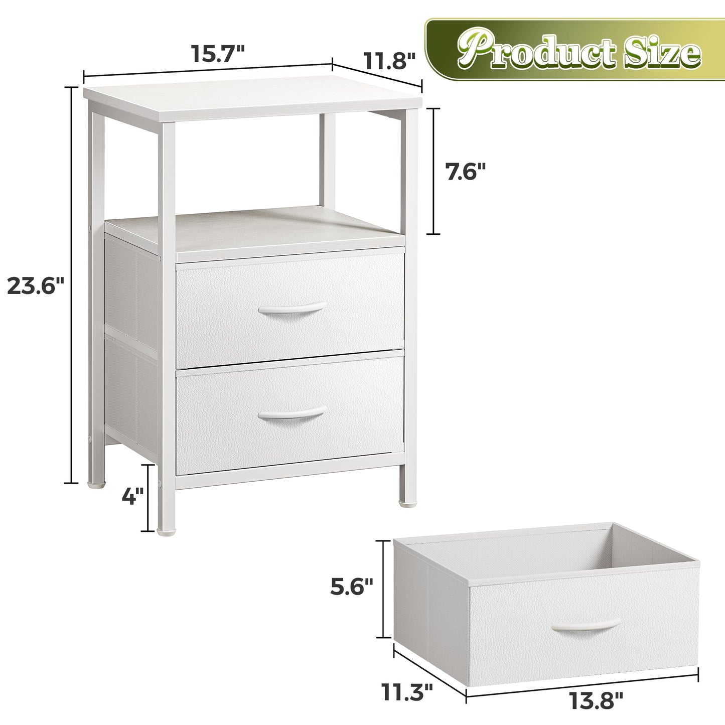 Huuger Night Stand Set of 2, Nightstand with 2 Drawers, Bed Side Table with Open Shelf, Wooden Top, End Table, PU Leather Fabric Drawer Surface, for Bedroom, White