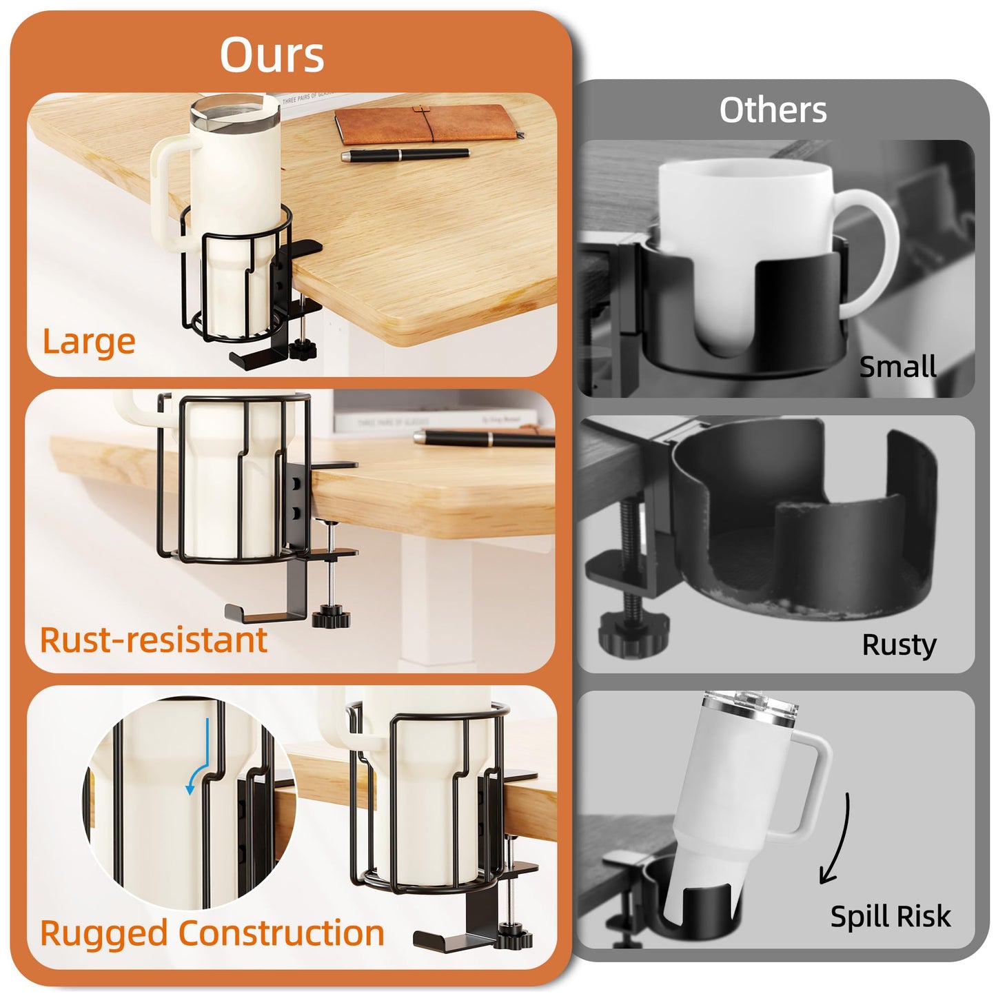 Large Desk Cup Holder, 2-in-1 Clip On Cup Holder with Headphone Hook, Heavy-Duty Metal Drink Holder for Insulated Tumblers, Big Water Bottles, Fits Office Desk Organizer, Dorm, Gaming Setup (1 Pack)