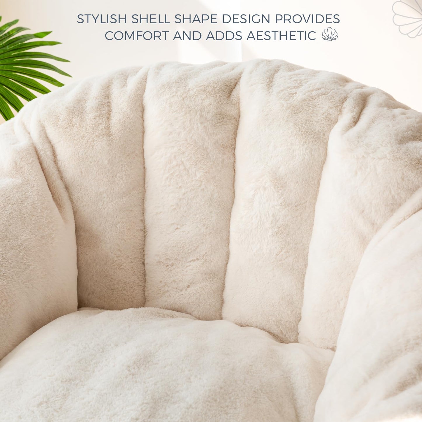 MAXYOYO Giant Bean Bag Chair, Oversized Bean Bag Couch for Adults and Kids, Faux Fur Shell-Shaped Large Chair with Filler, Stuffed Big Accent Sofa Lounge Floor Sofa for Reading, Beige, Standard