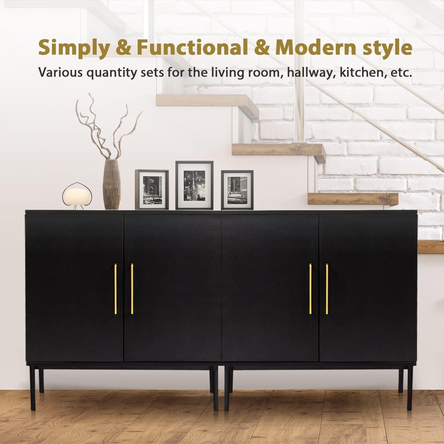 REHOOPEX Set of 2 Storage Cabinet with Doors, Modern Black Accent Cabinet, Free Standing Cabinet, Wooden Buffet Sideboards for Living Room, Kitchen, Home Office