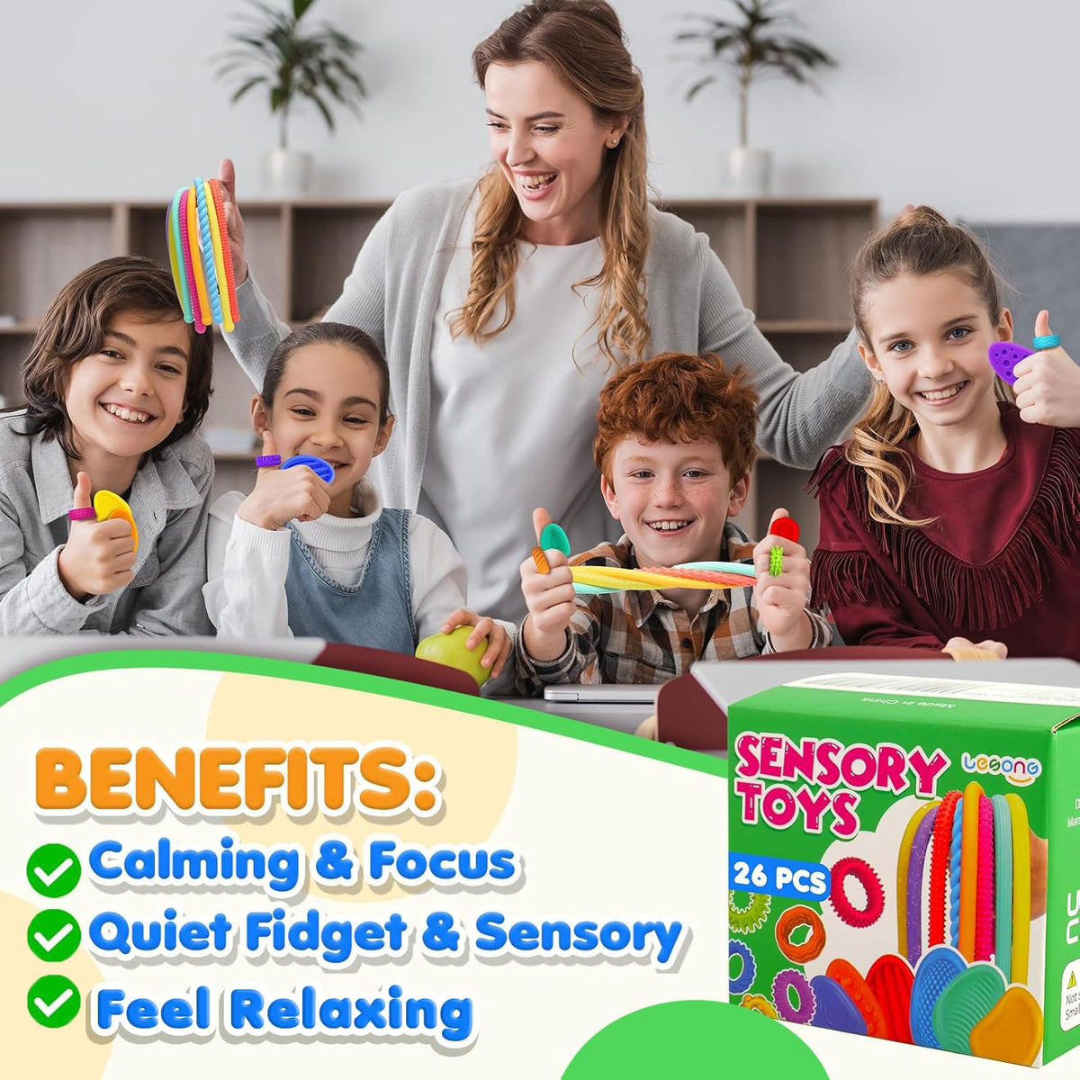 Fidget Sensory Toys for Kids: 26 Pack Quiet Squishy Fidgets for Classroom Students Prizes- Textured Soft Fidget Rings Stretchy Strings for Autism - Office Desk Toddler Travel Fidget Box,Easter Gifts