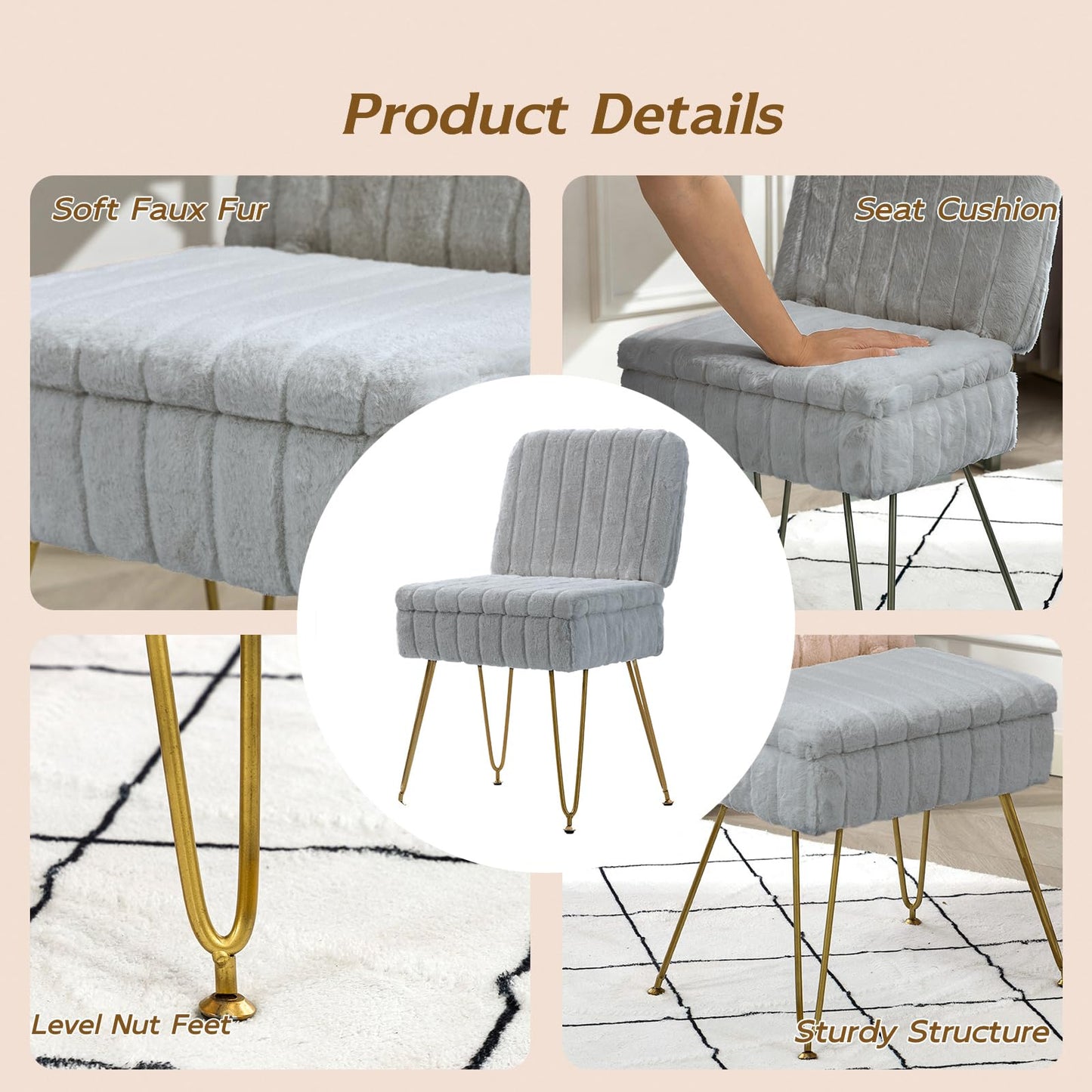 Manyday Vanity Chair with Storage, Comfy Ottoman with Folding Back, Faux Fur Vanity Stool with 4 Metal Legs for Make Up, Furry Padded Seat with Anti-Slip Feet for Bedroom Dressing Room, Light Gray