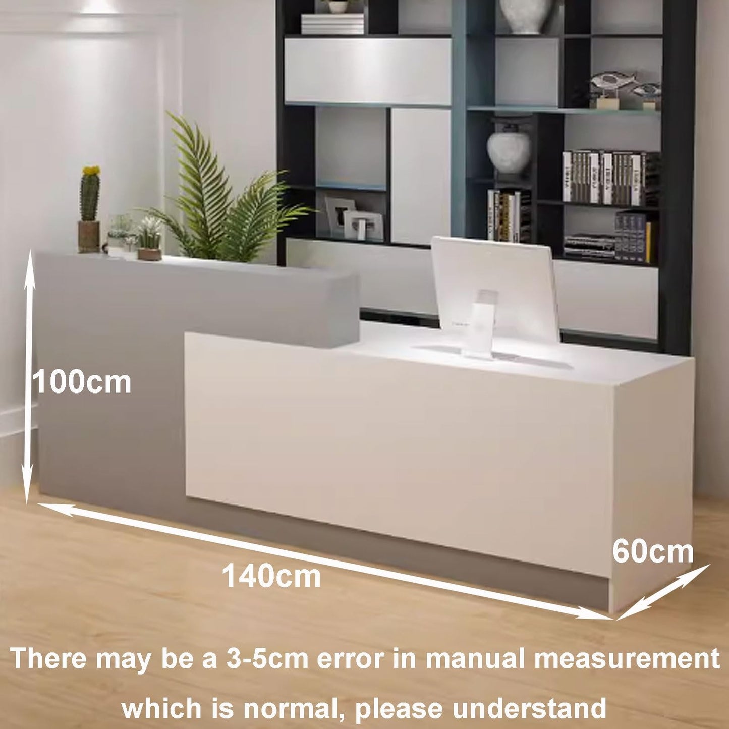 Modern Reception Desk for Office & Salon, 1.4m Stylish Engineered Wood Counter Table - White & Dark Natural Finish, Ideal for Retail Spaces & Reception Areas